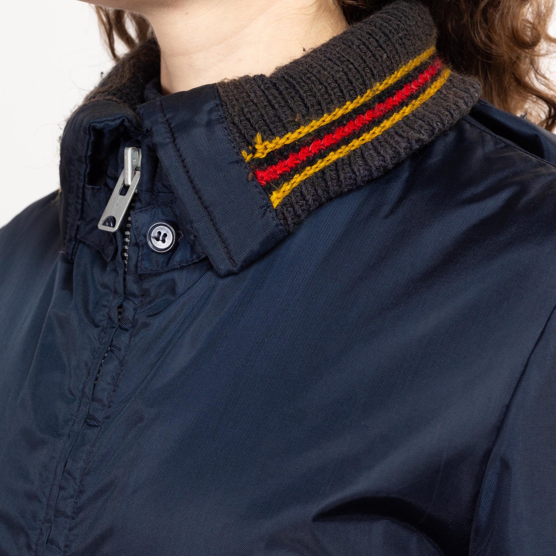 Small 70s Navy Blue Plush Lined Ringer Jacket | Vintage Striped Collar Zip Up Hooded Winter Coat