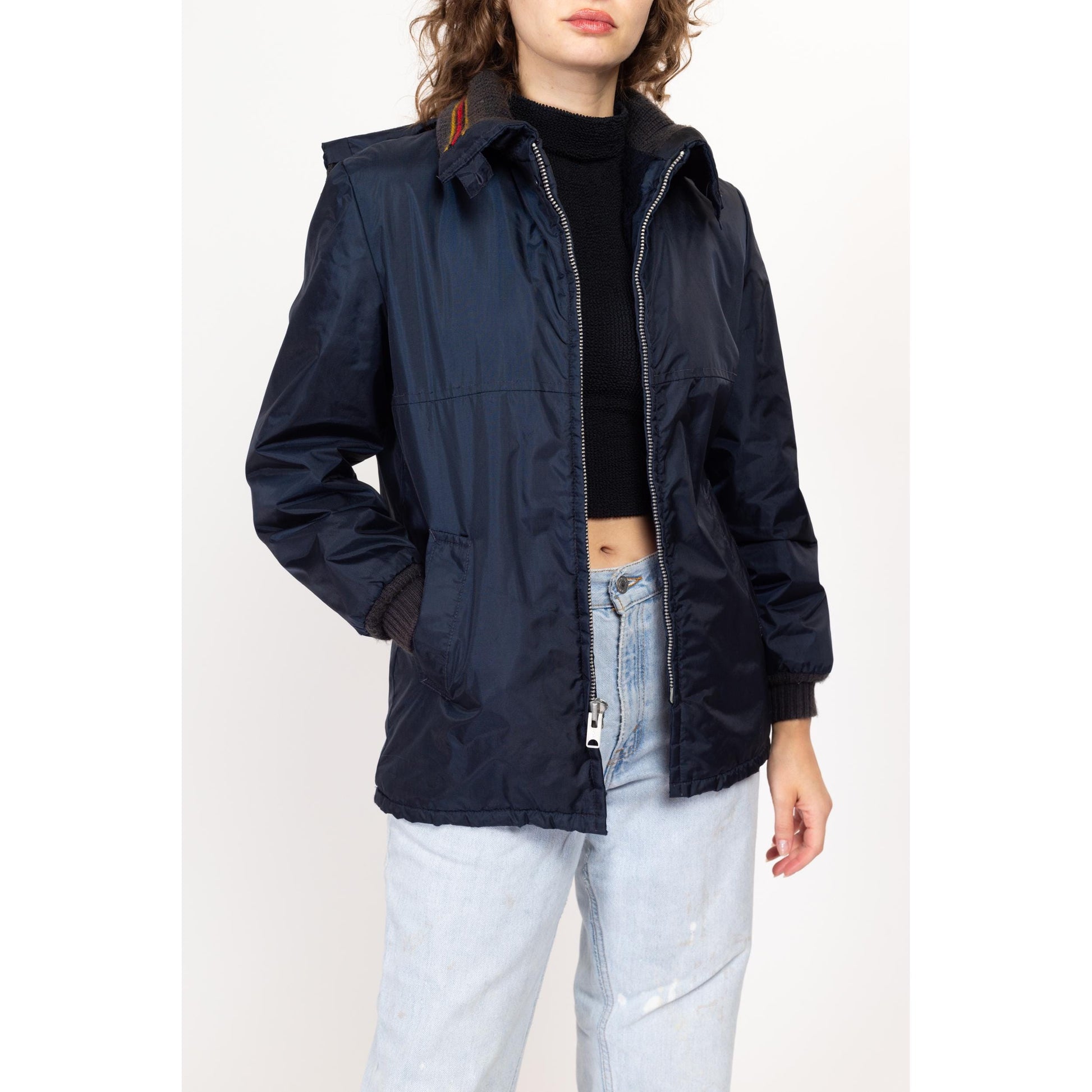Small 70s Navy Blue Plush Lined Ringer Jacket | Vintage Striped Collar Zip Up Hooded Winter Coat
