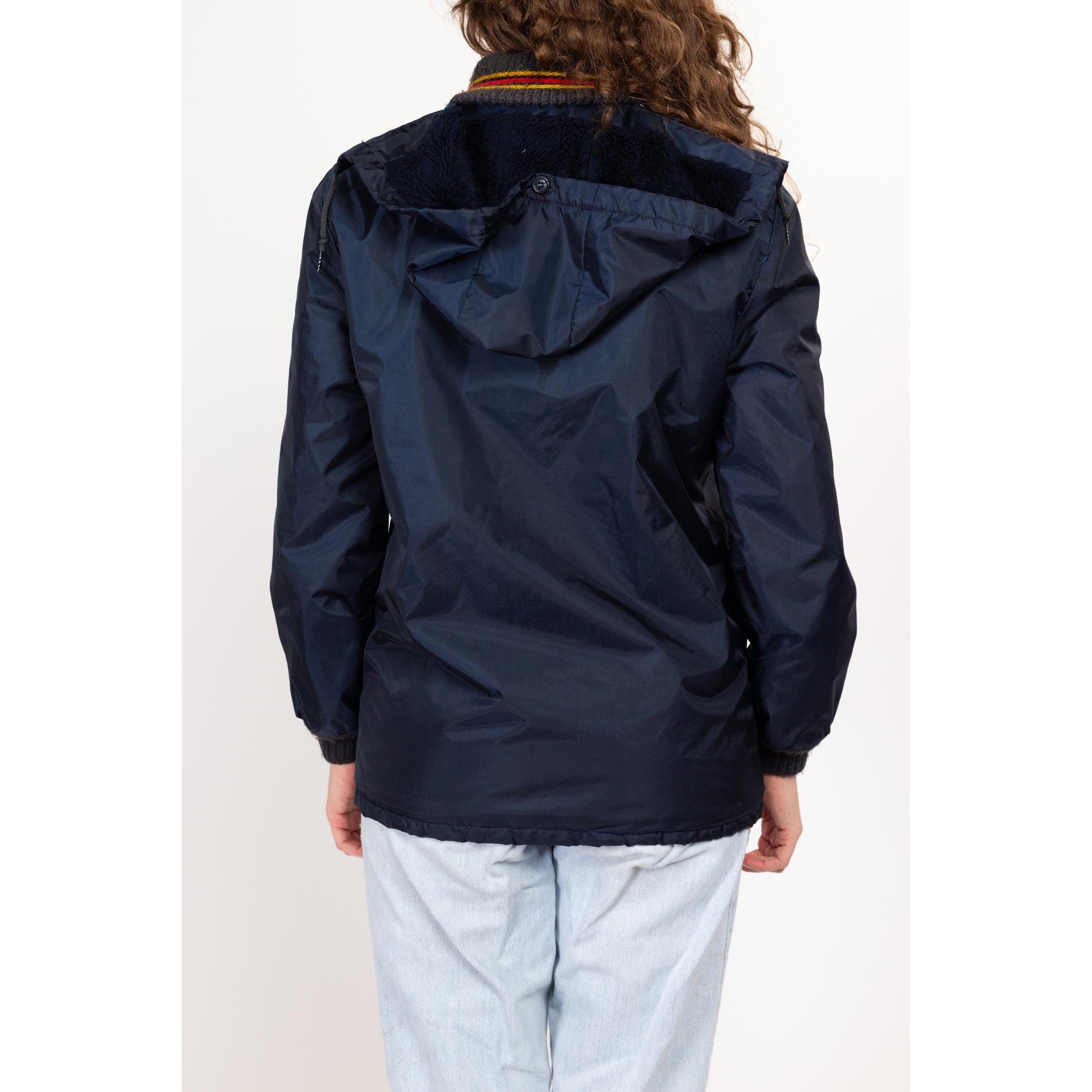 Small 70s Navy Blue Plush Lined Ringer Jacket | Vintage Striped Collar Zip Up Hooded Winter Coat