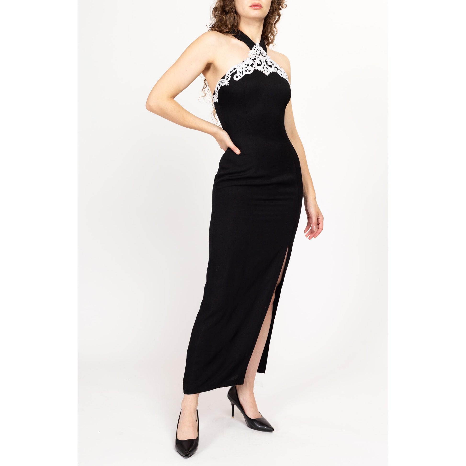 Small 80s 90s Jessica McClintock Black & White Evening Gown Size 5-6 | Vintage Sleeveless Crochet Trim Formal Maxi Party Dress
