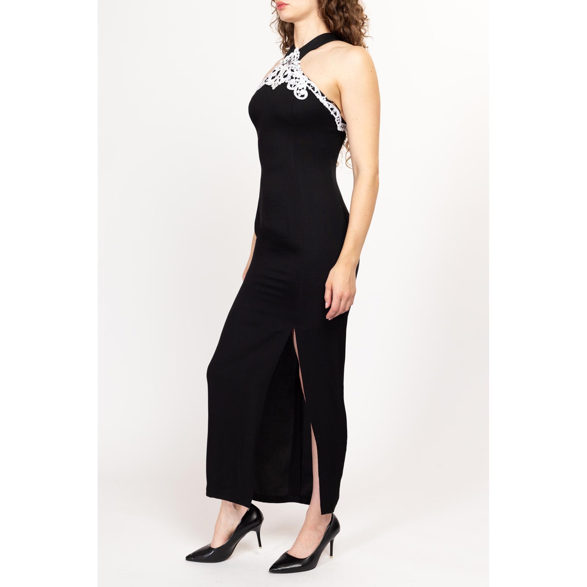 Small 80s 90s Jessica McClintock Black & White Evening Gown Size 5-6 | Vintage Sleeveless Crochet Trim Formal Maxi Party Dress