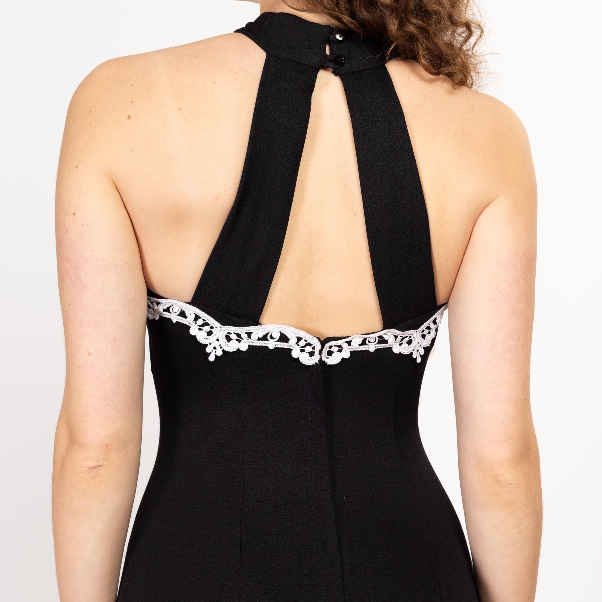 Small 80s 90s Jessica McClintock Black & White Evening Gown Size 5-6 | Vintage Sleeveless Crochet Trim Formal Maxi Party Dress