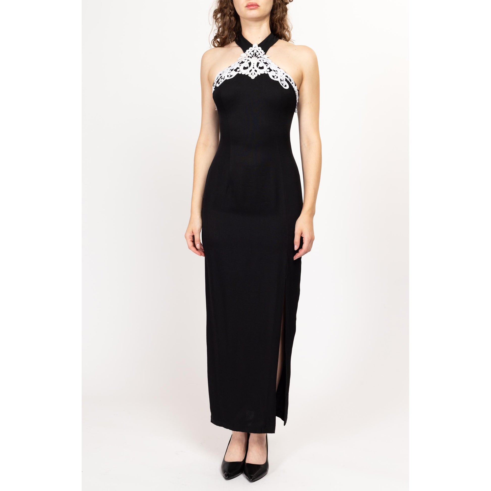 Small 80s 90s Jessica McClintock Black & White Evening Gown Size 5-6 | Vintage Sleeveless Crochet Trim Formal Maxi Party Dress