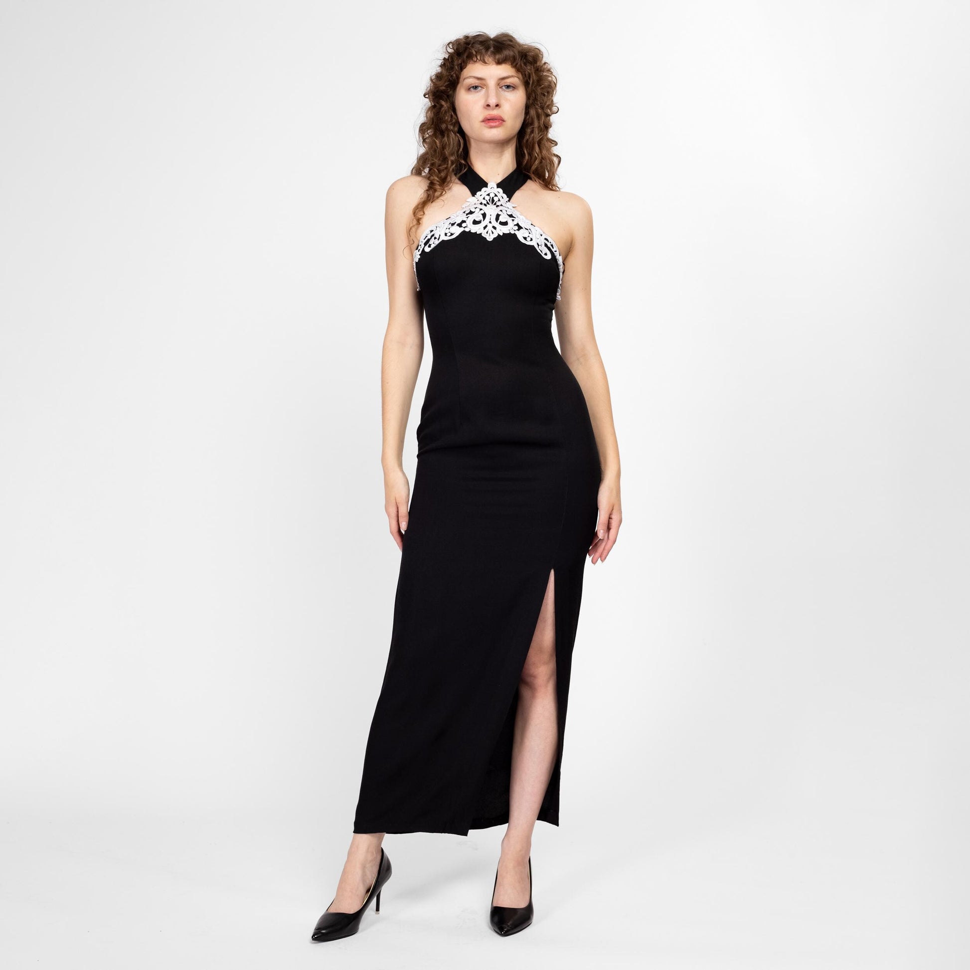 Small 80s 90s Jessica McClintock Black & White Evening Gown Size 5-6 | Vintage Sleeveless Crochet Trim Formal Maxi Party Dress
