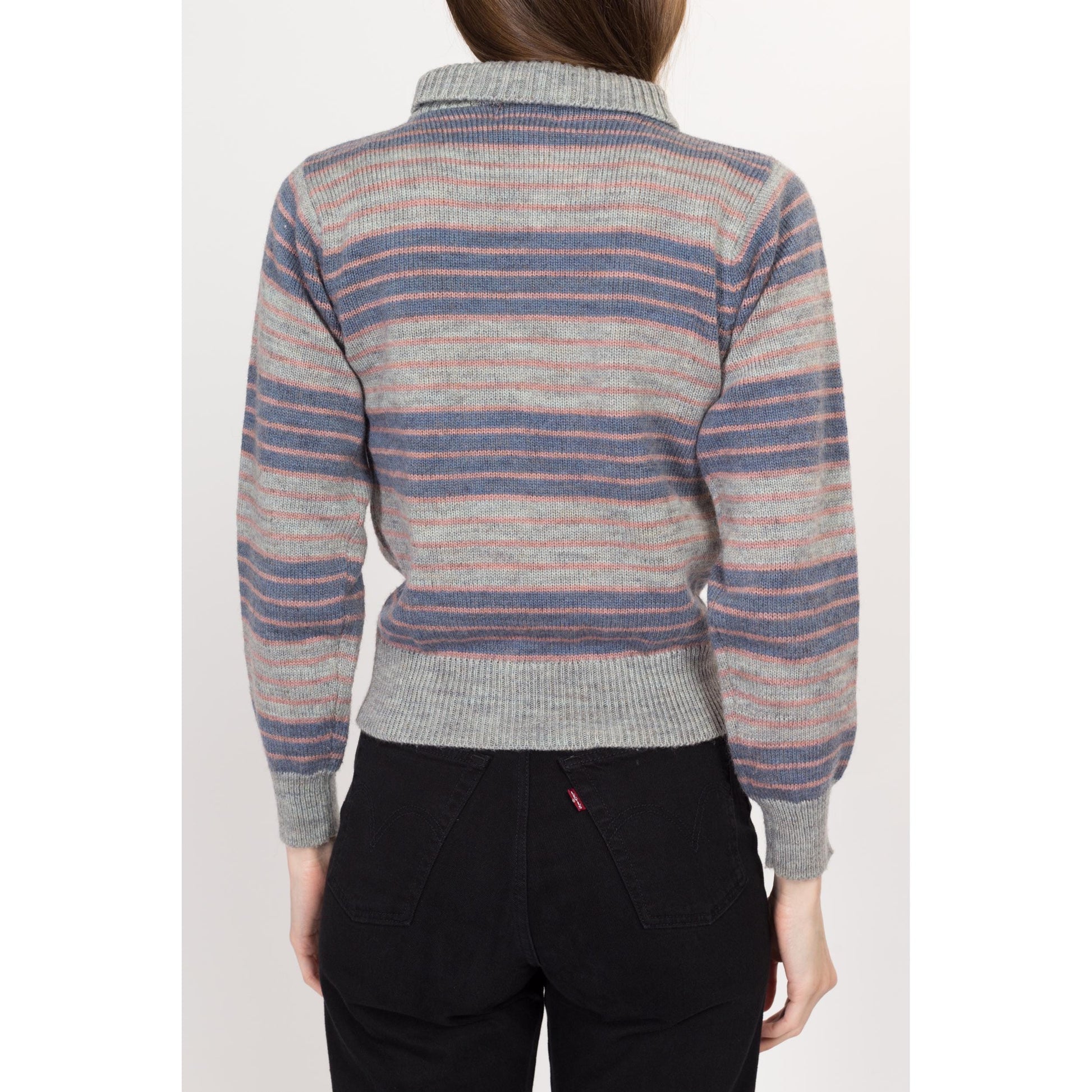 Small 80s Striped Knit Cropped Turtleneck Sweater | Vintage Blue Pink Grey Pullover Jumper