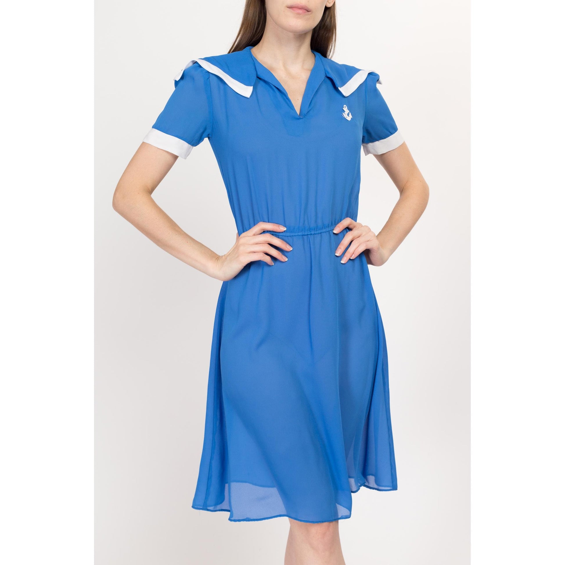 70s Blue Nautical Anchor Applique Mini Dress - Extra Small Flying Apple Vintage 70s Blue Nautical Anchor Applique Mini Dress - Extra Small Flying Apple Vintage