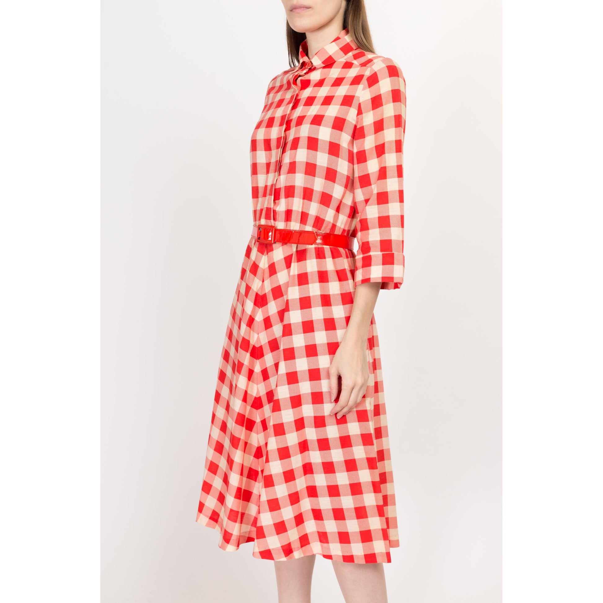 Large 70s Red & White Gingham Belted Midi Shirtdress | Retro Vintage 3/4 Sleeve A Line Pocket Dress