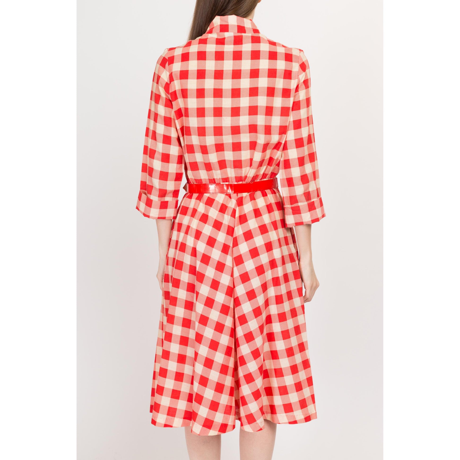 Large 70s Red & White Gingham Belted Midi Shirtdress | Retro Vintage 3/4 Sleeve A Line Pocket Dress