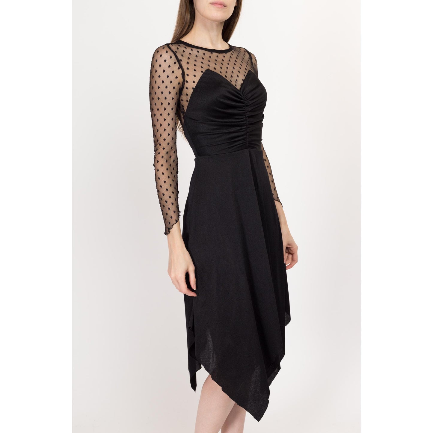 XS 70s Witchy Black Sheer Illusion Hanky Hem Dress | Vintage Sweetheart Neck Polka Dot Long Sleeve Gothic Halloween Party Dress