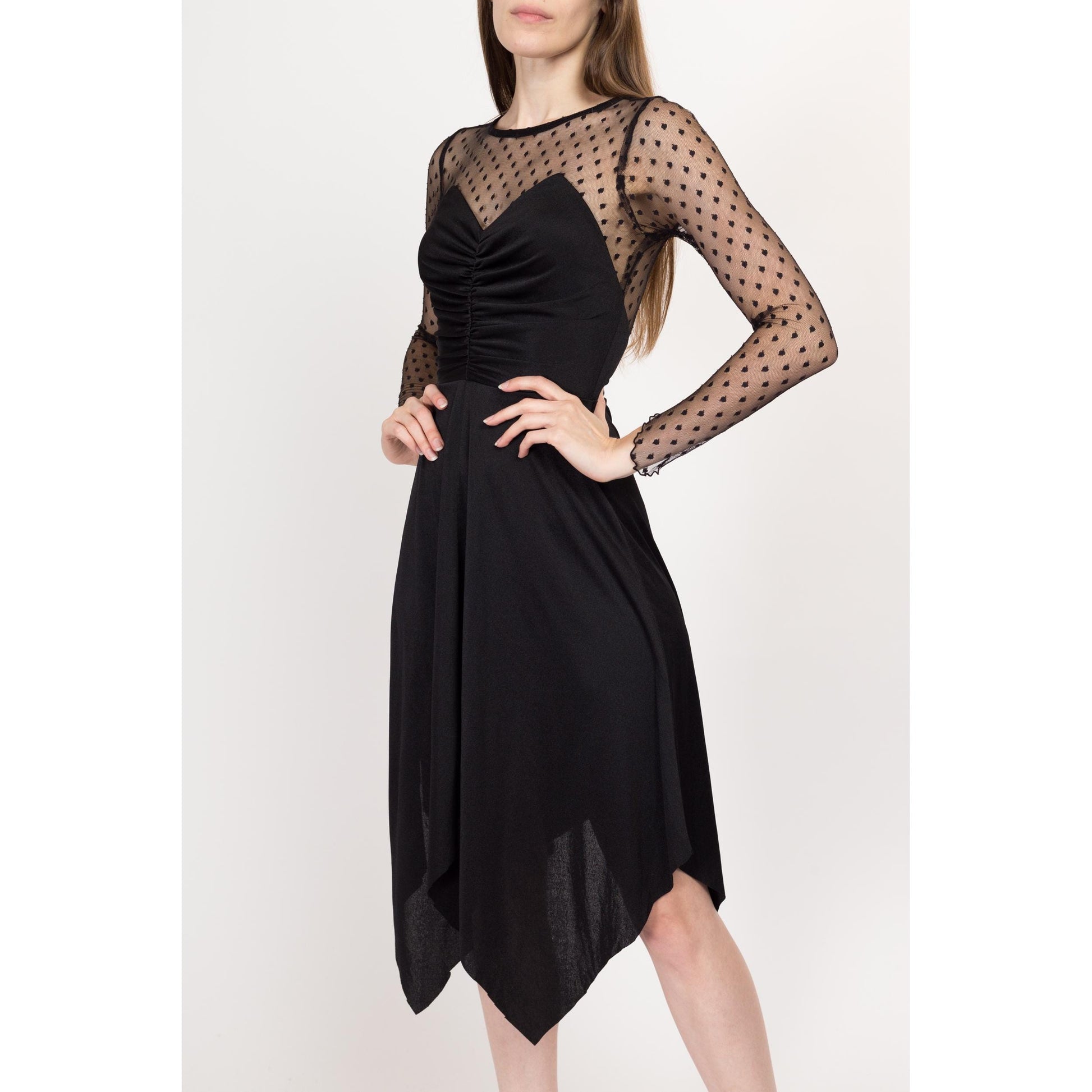 XS 70s Witchy Black Sheer Illusion Hanky Hem Dress | Vintage Sweetheart Neck Polka Dot Long Sleeve Gothic Halloween Party Dress