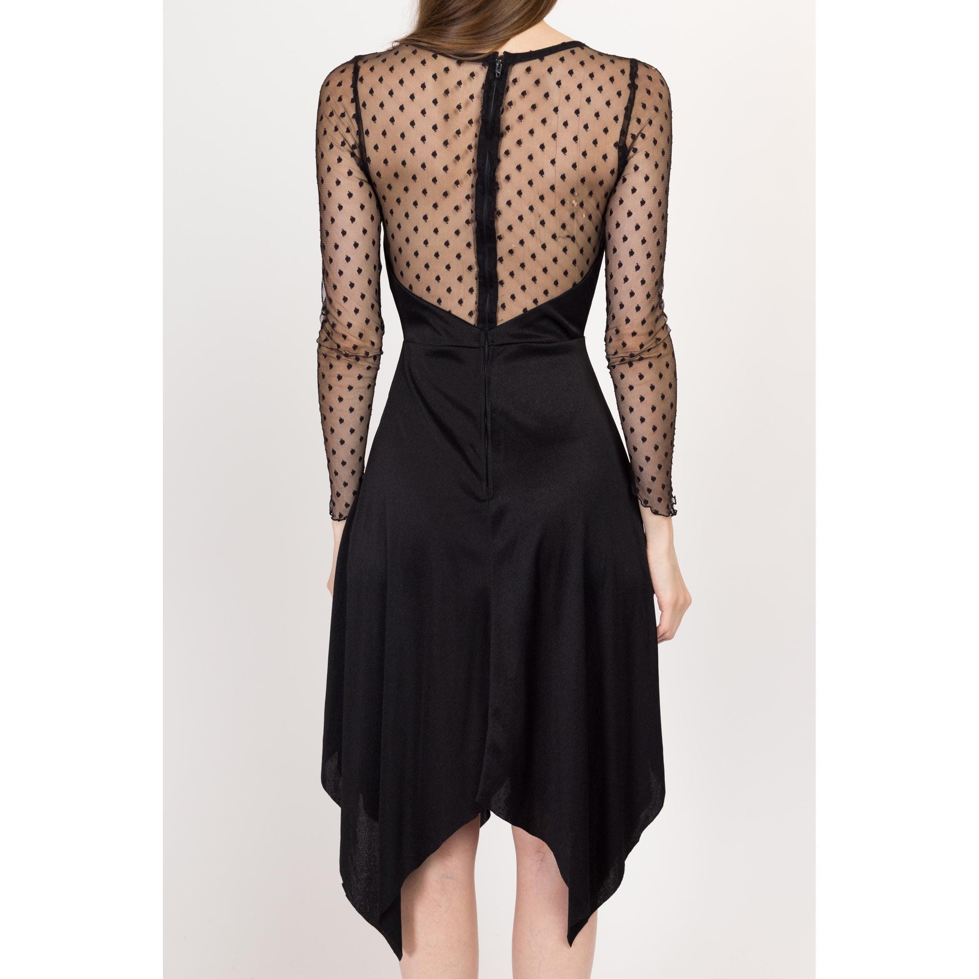 XS 70s Witchy Black Sheer Illusion Hanky Hem Dress | Vintage Sweetheart Neck Polka Dot Long Sleeve Gothic Halloween Party Dress
