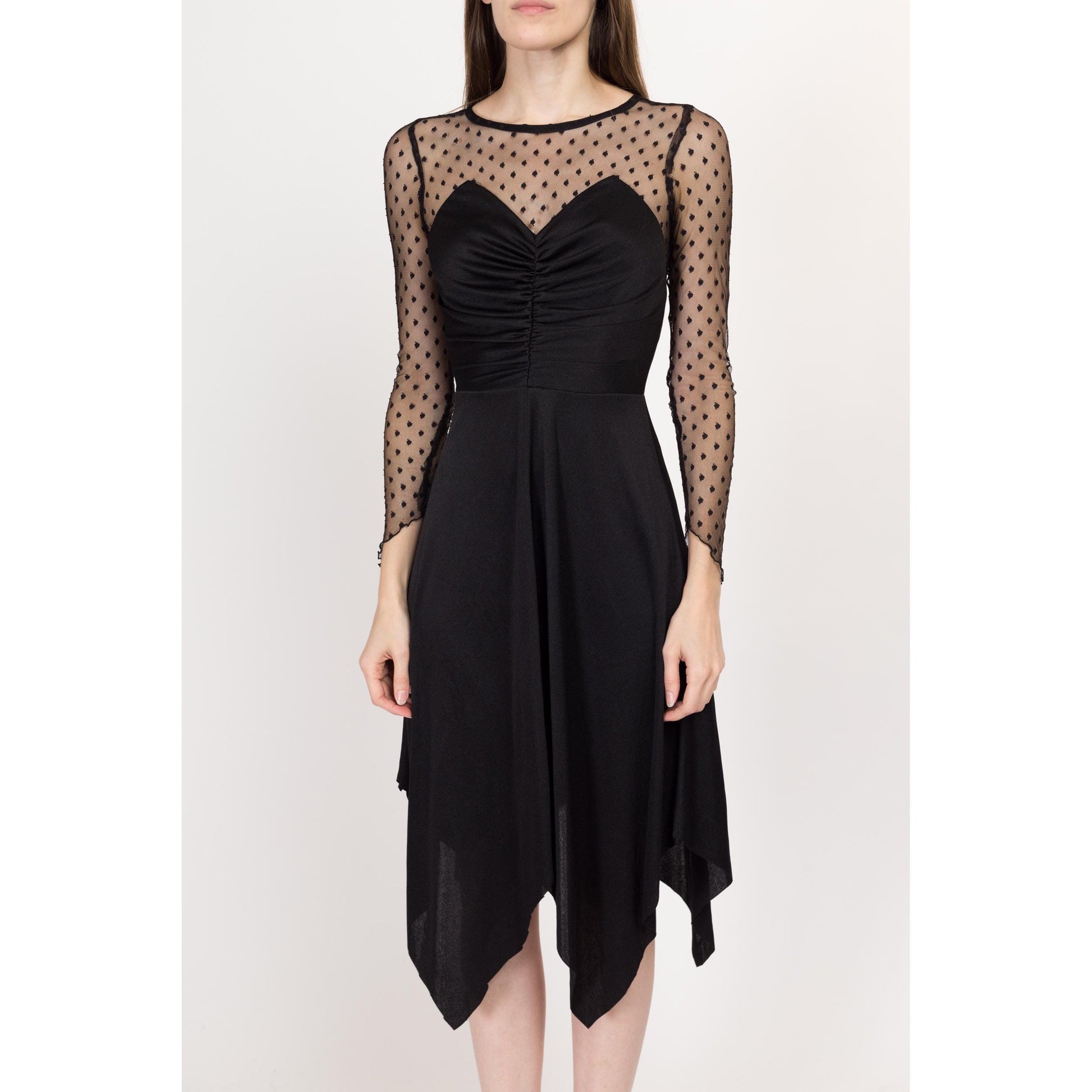 XS 70s Witchy Black Sheer Illusion Hanky Hem Dress | Vintage Sweetheart Neck Polka Dot Long Sleeve Gothic Halloween Party Dress