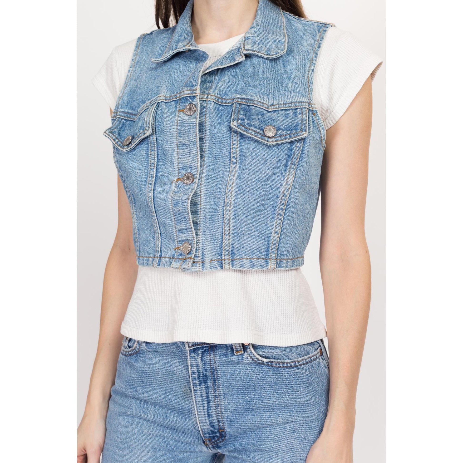 Sm-Med 90s Denim Crop Top Vest | Vintage Light Wash Blue Jean Sleeveless Shirt