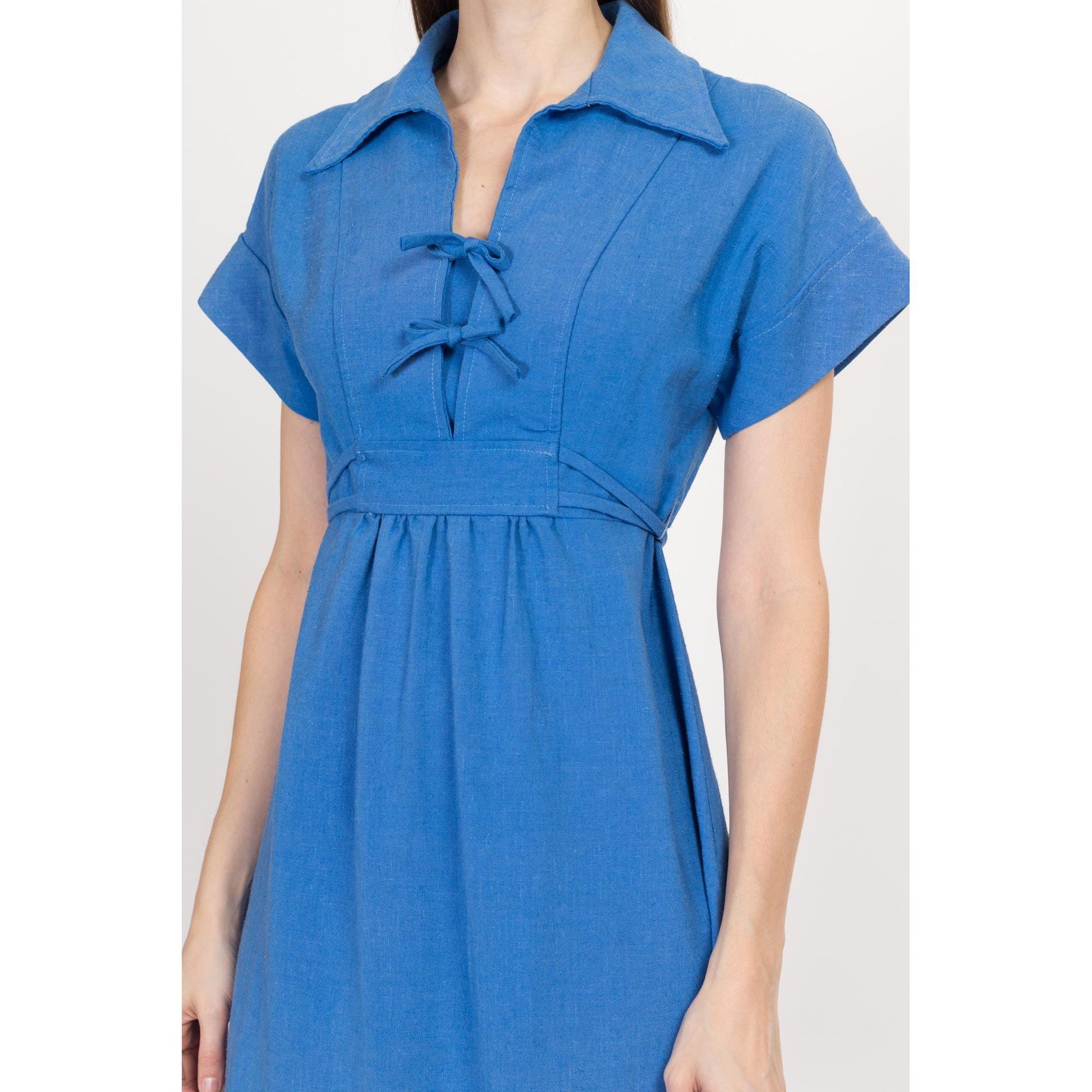 Small 70s Blue A Line Midi Dress | Vintage Empire Waist Short Sleeve Collared Boho Dress