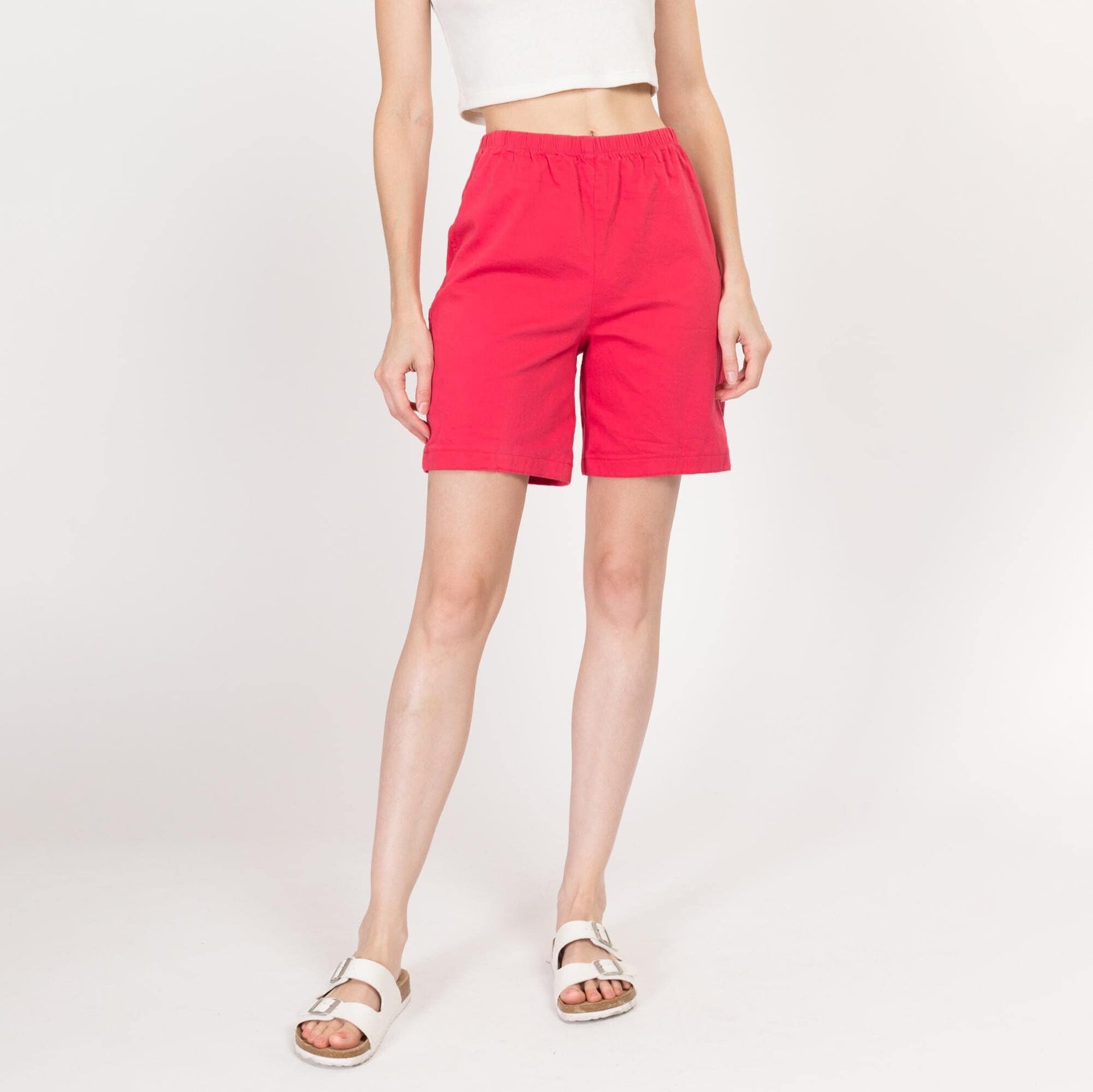 Sm-Med 90s Raspberry Red Casual Stretchy Shorts | Vintage Elastic Waist Cotton Blend Shorts