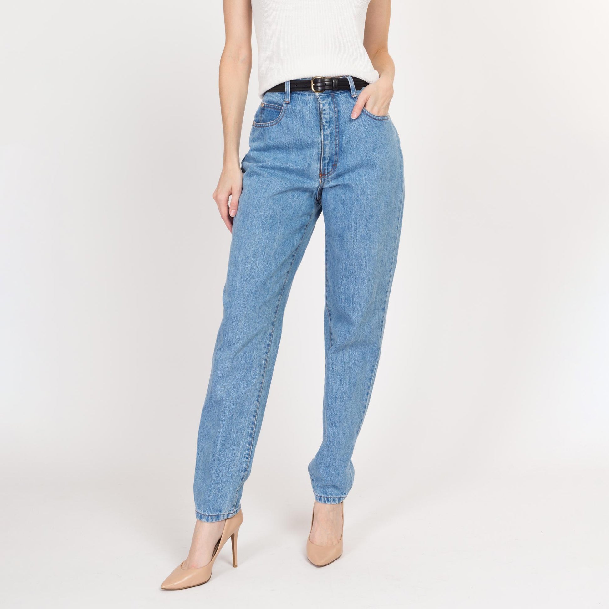 Small 80s Gitano High Waisted Mom Jeans 26" | Vintage Curvy Fit Light Wash Long Inseam Denim