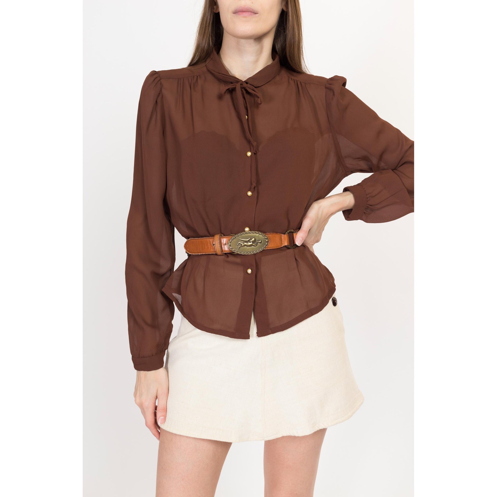 Med-Lrg 70s Sheer Brown Ascot Tie Blouse | Vintage Boho Button Up Long Sleeve Tailored Top
