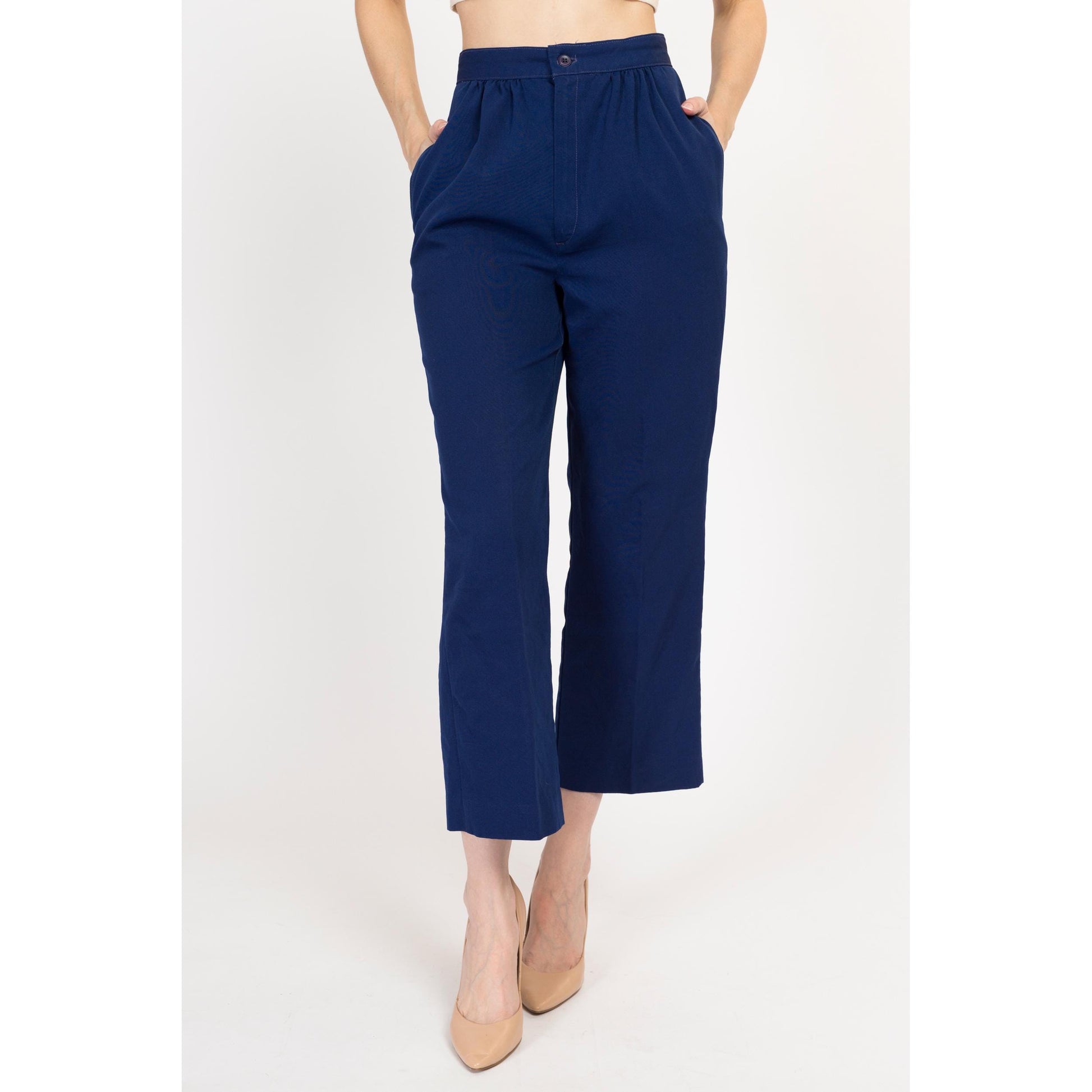 Small 70s Navy Blue High Waisted Trousers 25.75" | Vintage Pleated Kick Flare Pants