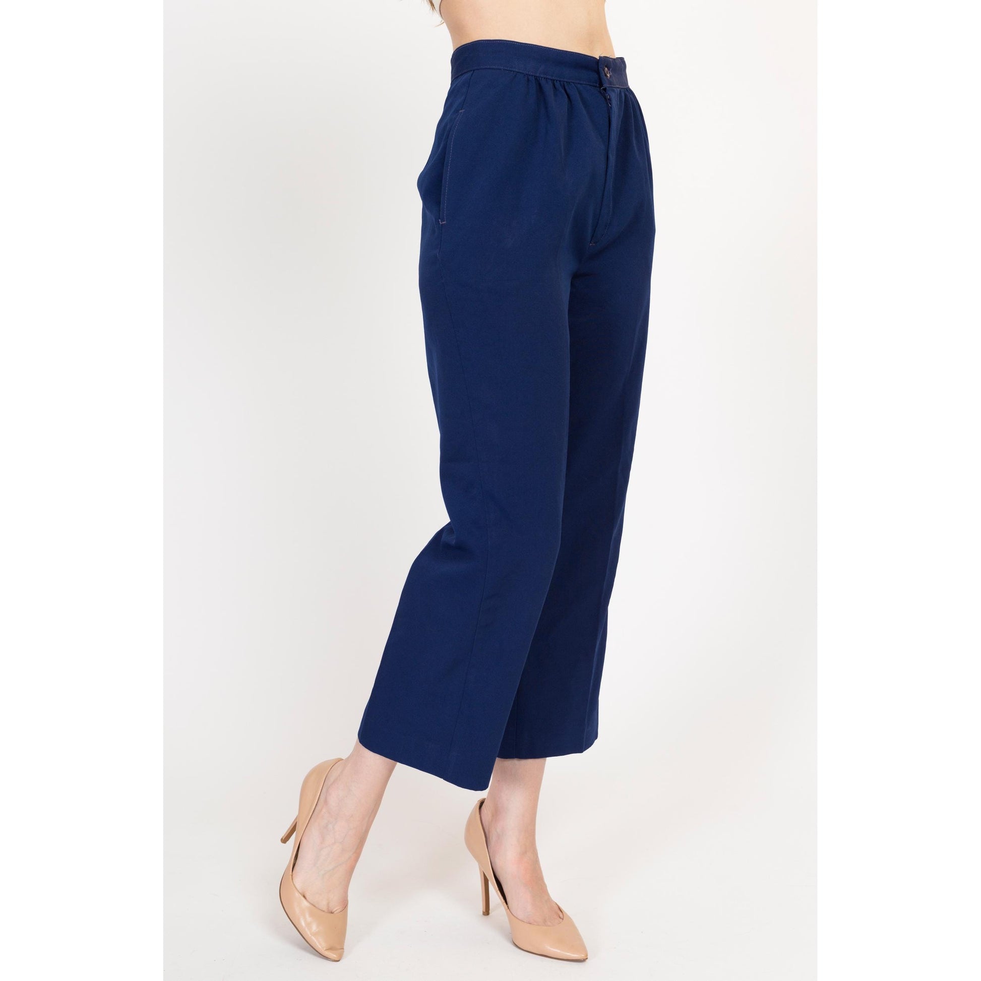 Small 70s Navy Blue High Waisted Trousers 25.75" | Vintage Pleated Kick Flare Pants