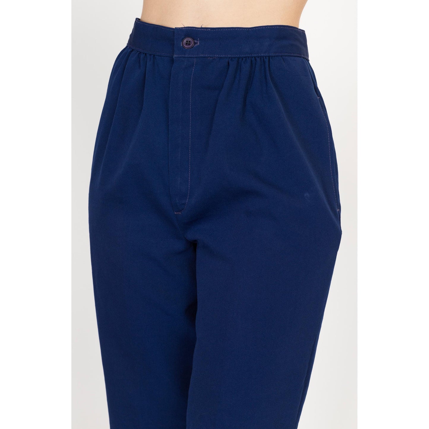 Small 70s Navy Blue High Waisted Trousers 25.75" | Vintage Pleated Kick Flare Pants