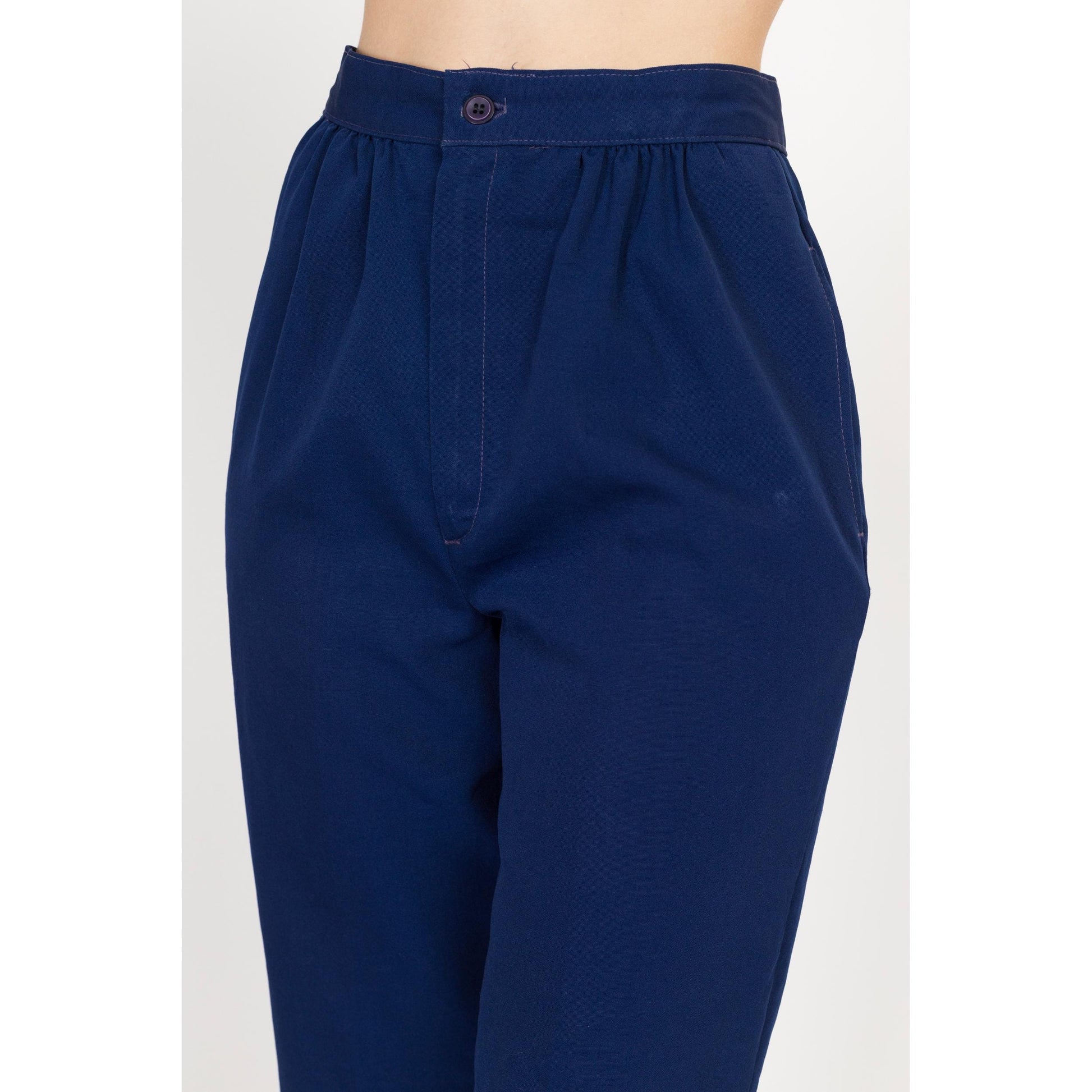 Small 70s Navy Blue High Waisted Trousers 25.75" | Vintage Pleated Kick Flare Pants