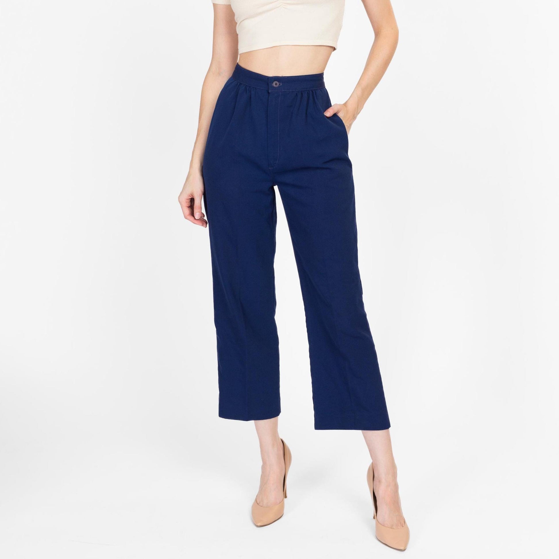 Small 70s Navy Blue High Waisted Trousers 25.75" | Vintage Pleated Kick Flare Pants