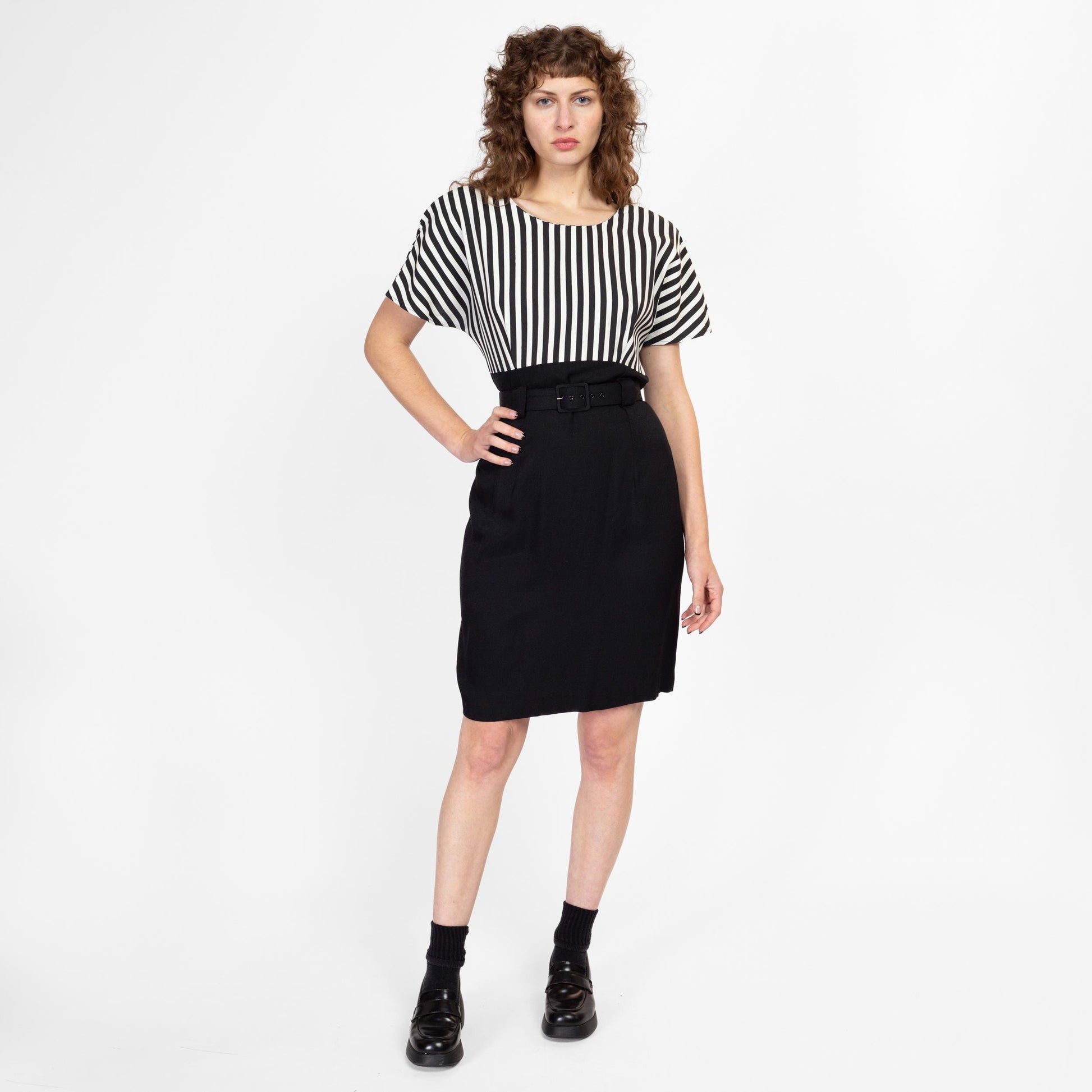 Large 80s Black & White Striped Belted Mini Dress | Vintage Two Tone Short Sleeve Punk Secretary Dress