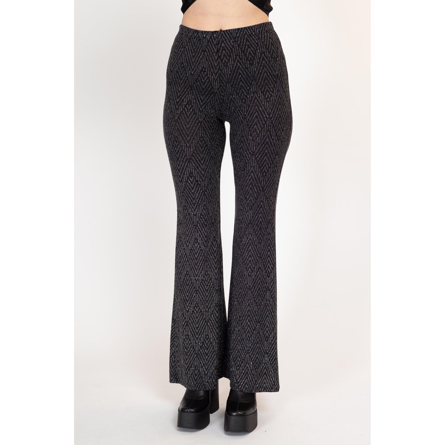 Medium Y2K Black & Silver Metallic Knit Bell Bottoms | Vintage High Waisted Stretchy Flared Pants