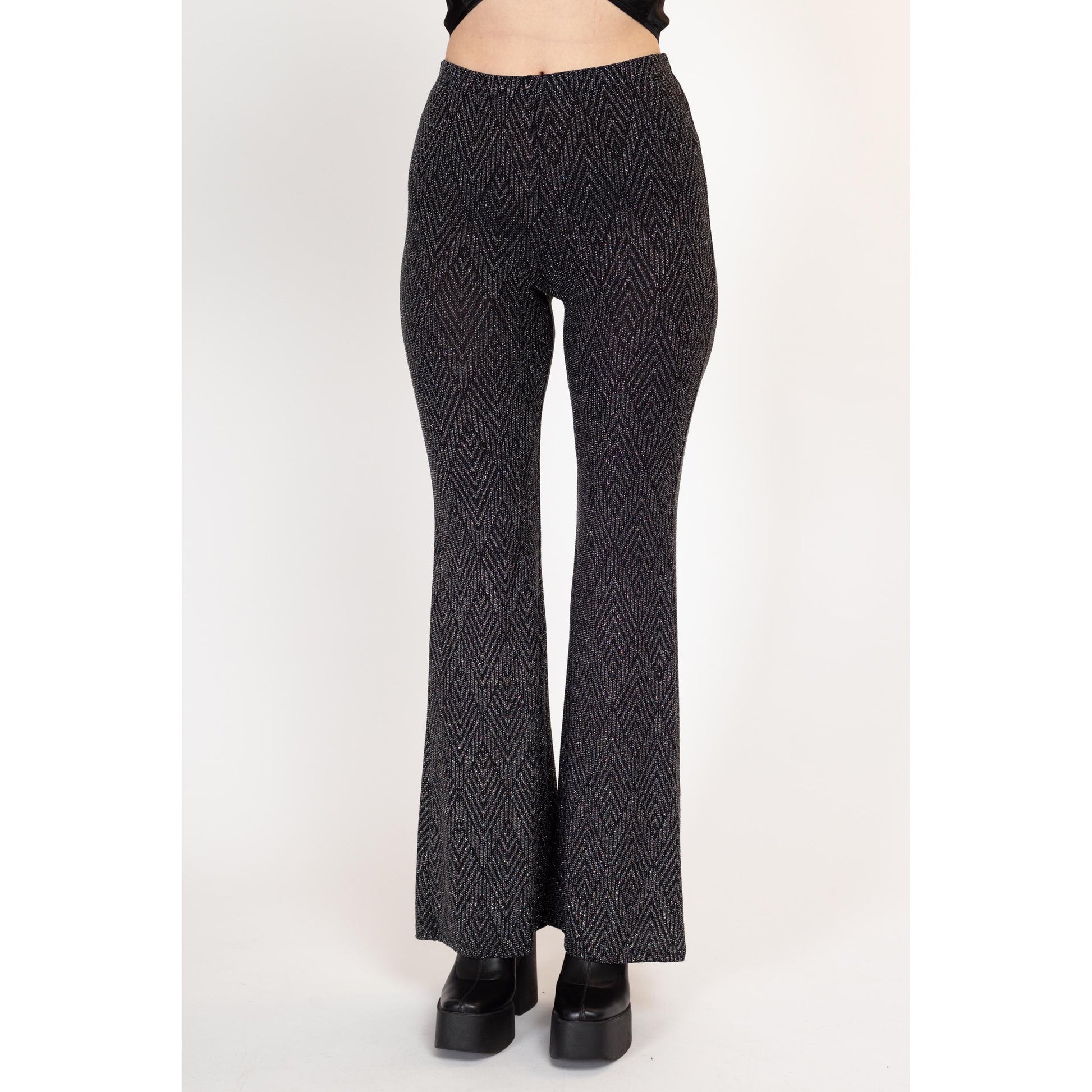 Medium Y2K Black & Silver Metallic Knit Bell Bottoms | Vintage High Waisted Stretchy Flared Pants