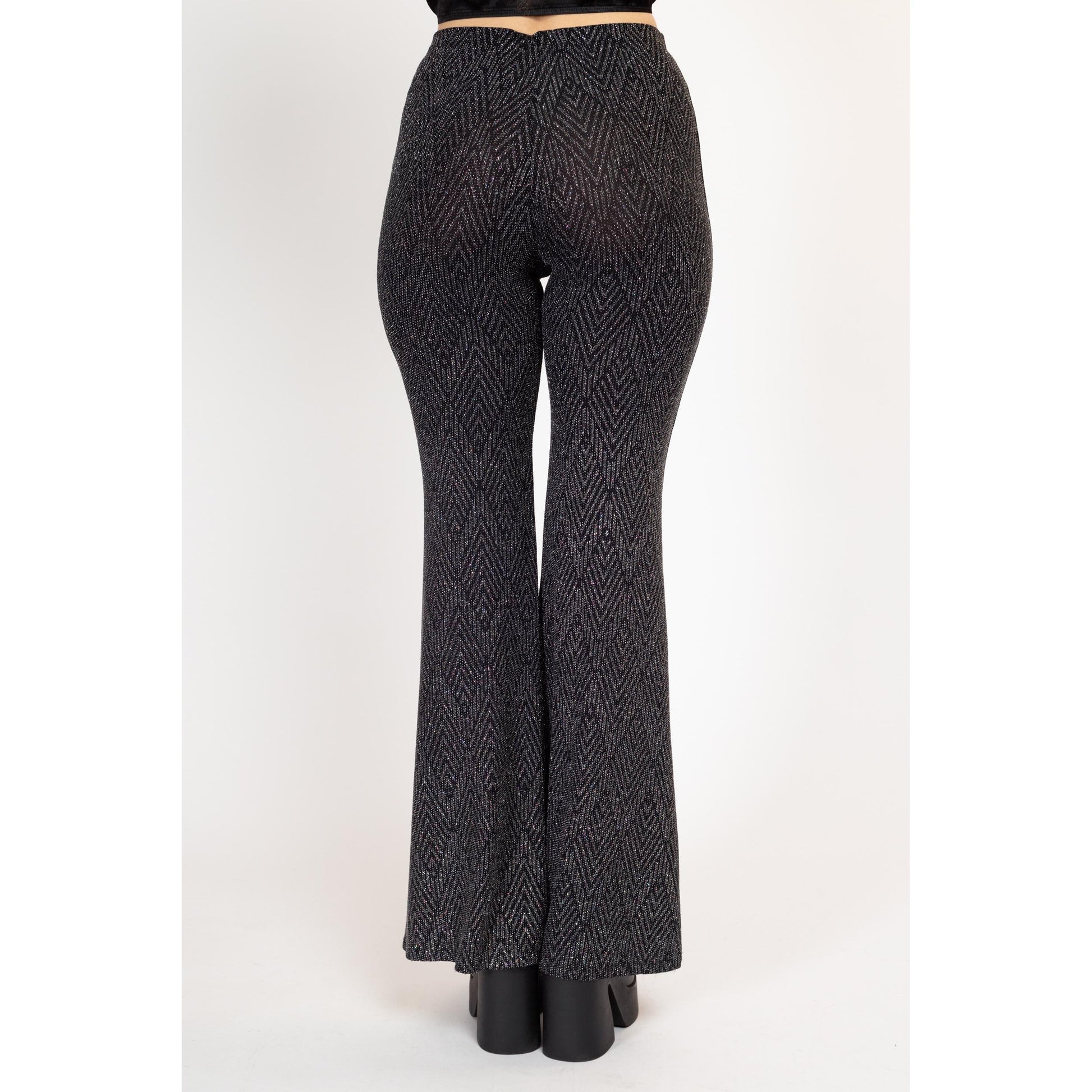 Medium Y2K Black & Silver Metallic Knit Bell Bottoms | Vintage High Waisted Stretchy Flared Pants