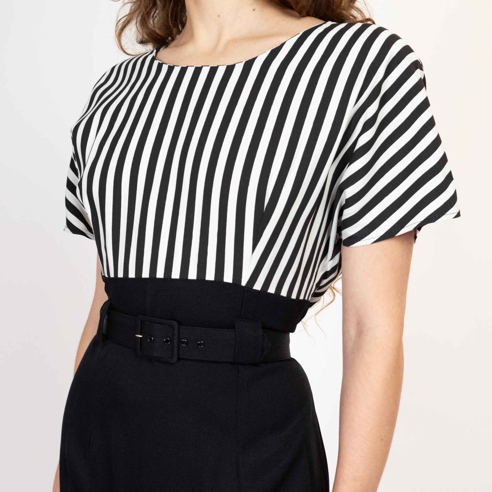 Large 80s Black & White Striped Belted Mini Dress Large 80s Black & White Striped Belted Mini Dress