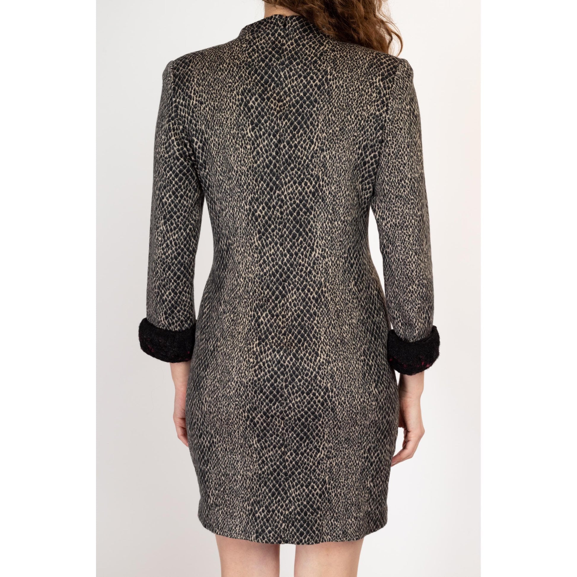 Med-Lrg 90s Snakeskin Faux Fur Trim Bodycon Mini Dress Flying Apple Vintage Med-Lrg 90s Snakeskin Faux Fur Trim Bodycon Mini Dress Flying Apple Vintage