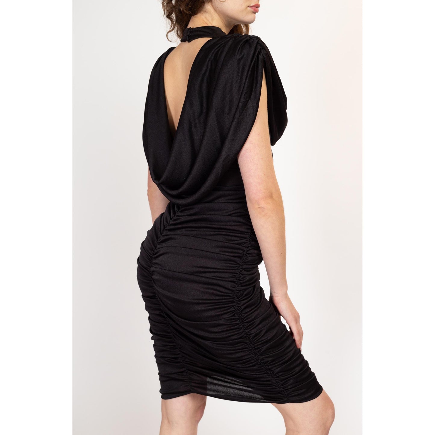 Small 80s Climax Karen Okada Black Draped Mini Party Dress | Vintage Ruched Bodycon Low Back Formal Dress