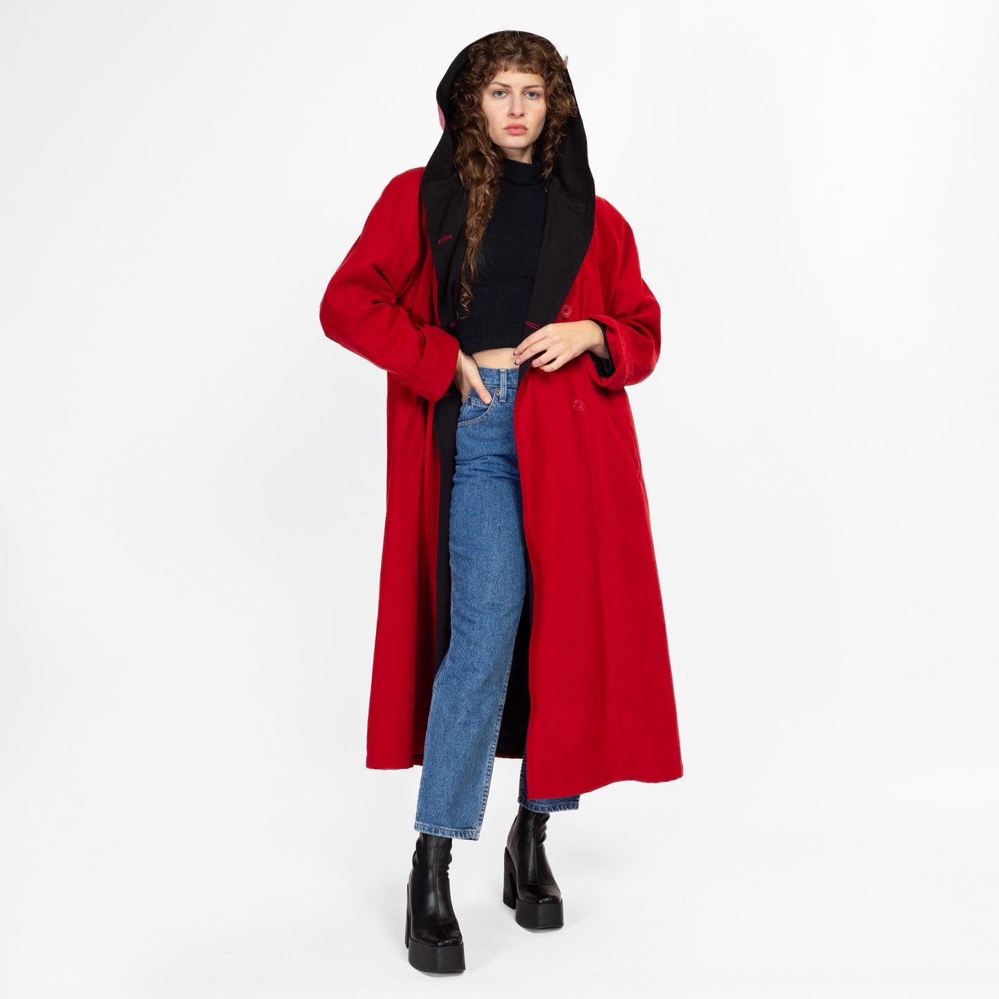 Large 90s Red Ultrasuede Hooded Trench Coat | Vintage Lined Double Breasted Button Up Long Jacket