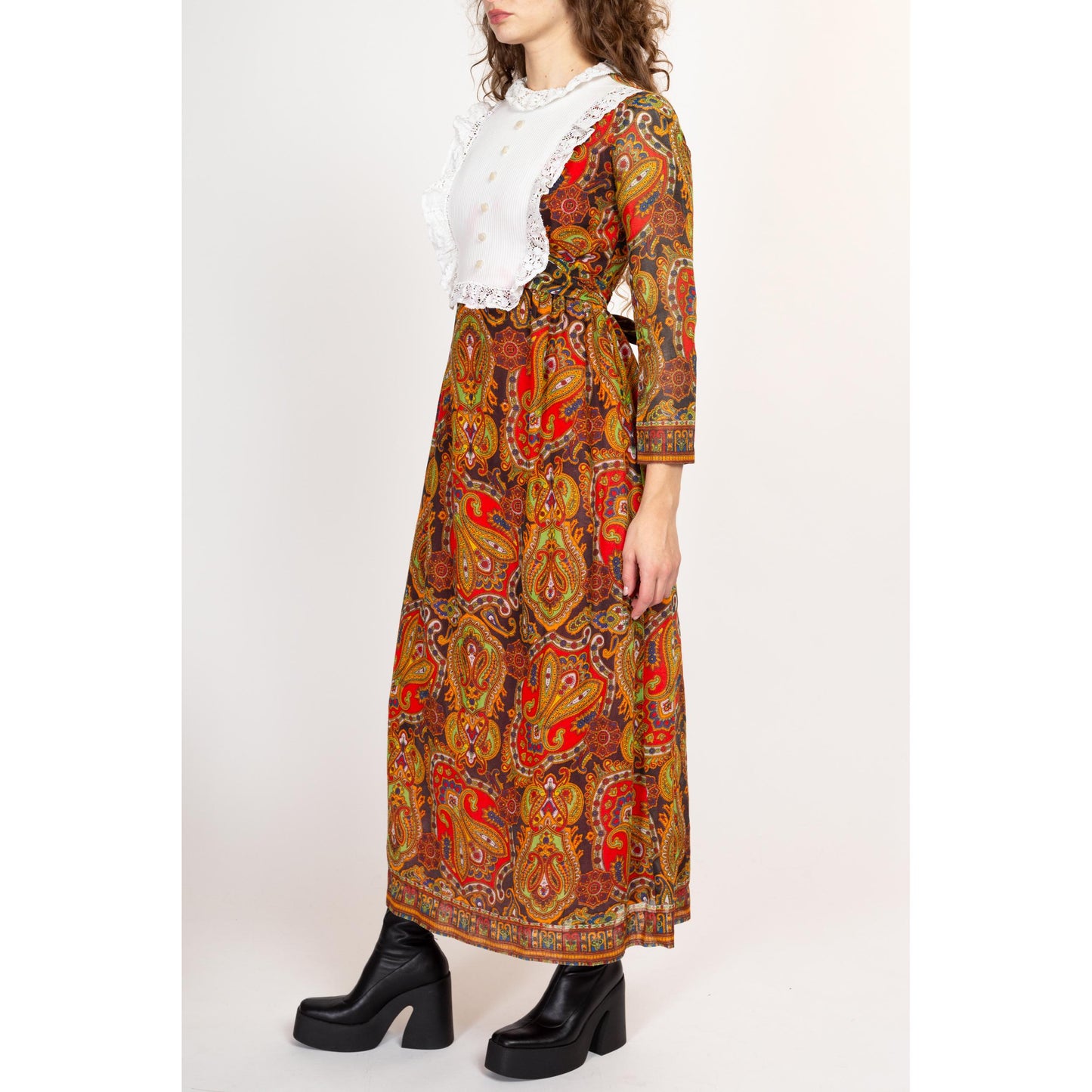 Small 60s 70s Boho Paisley Bib Maxi Dress | Vintage Orange Red Long Sleeve Hippie Gown