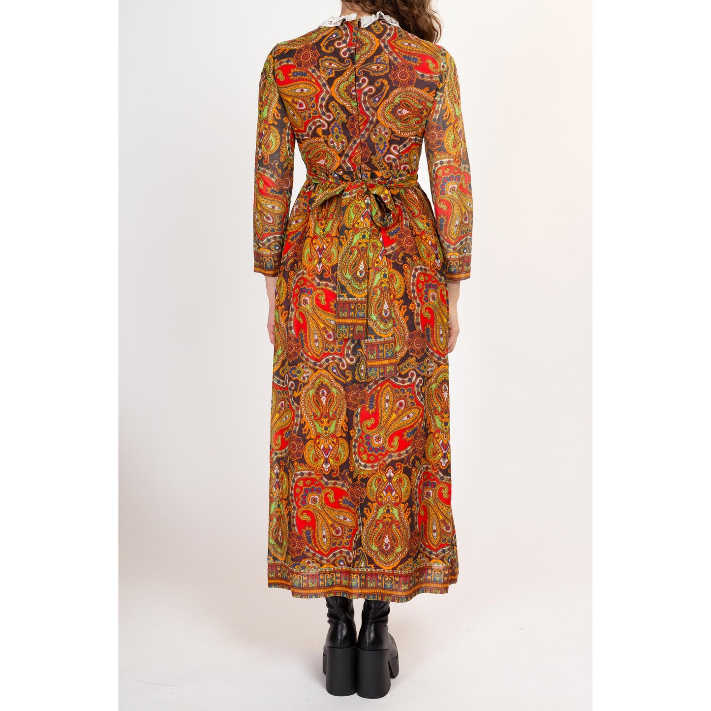 Small 60s 70s Boho Paisley Bib Maxi Dress | Vintage Orange Red Long Sleeve Hippie Gown