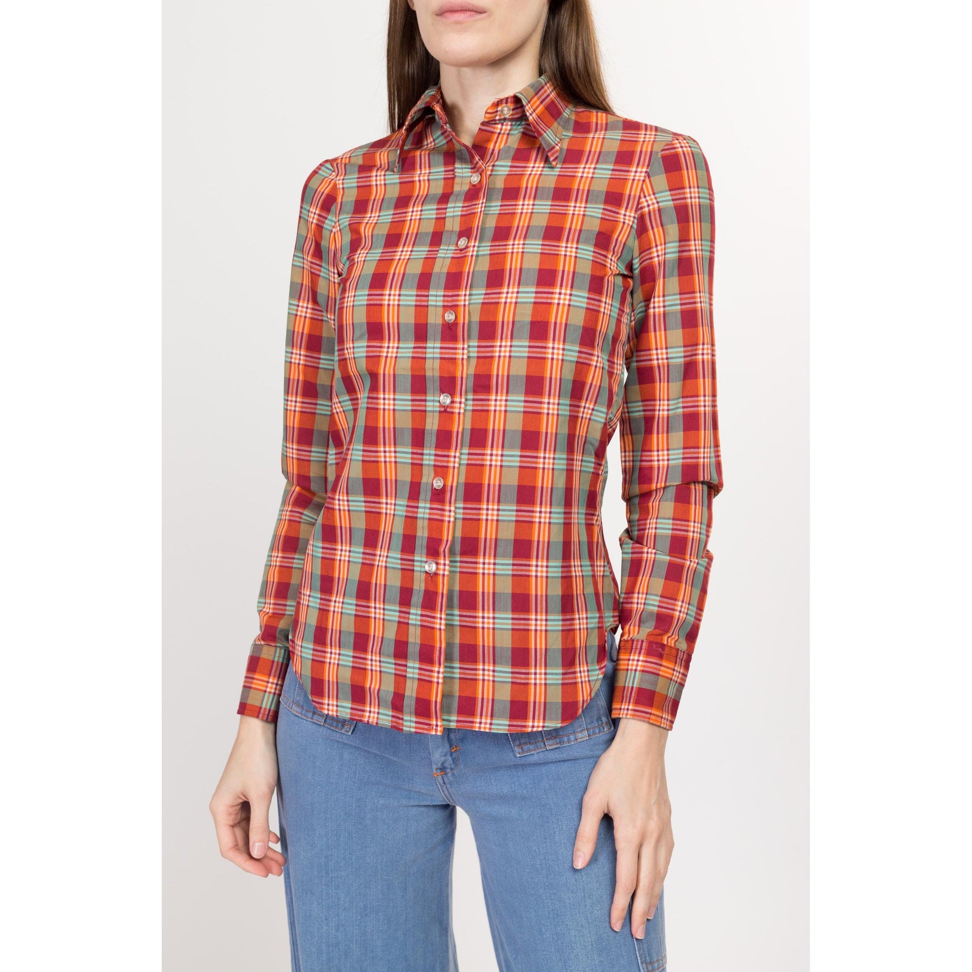 XXS-XS 70s Red Plaid Collared Shirt Petite | Vintage Western Long Sleeve Collared Top