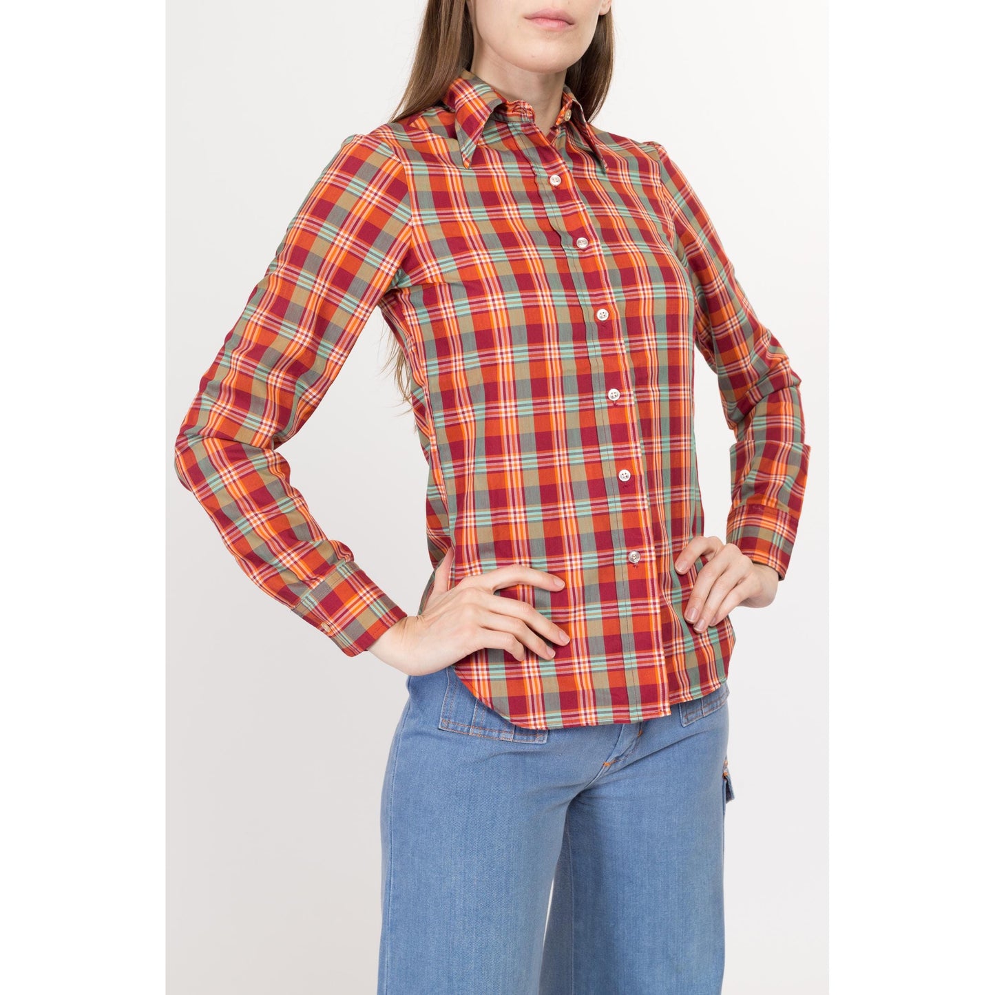 XXS-XS 70s Red Plaid Collared Shirt Petite | Vintage Western Long Sleeve Collared Top