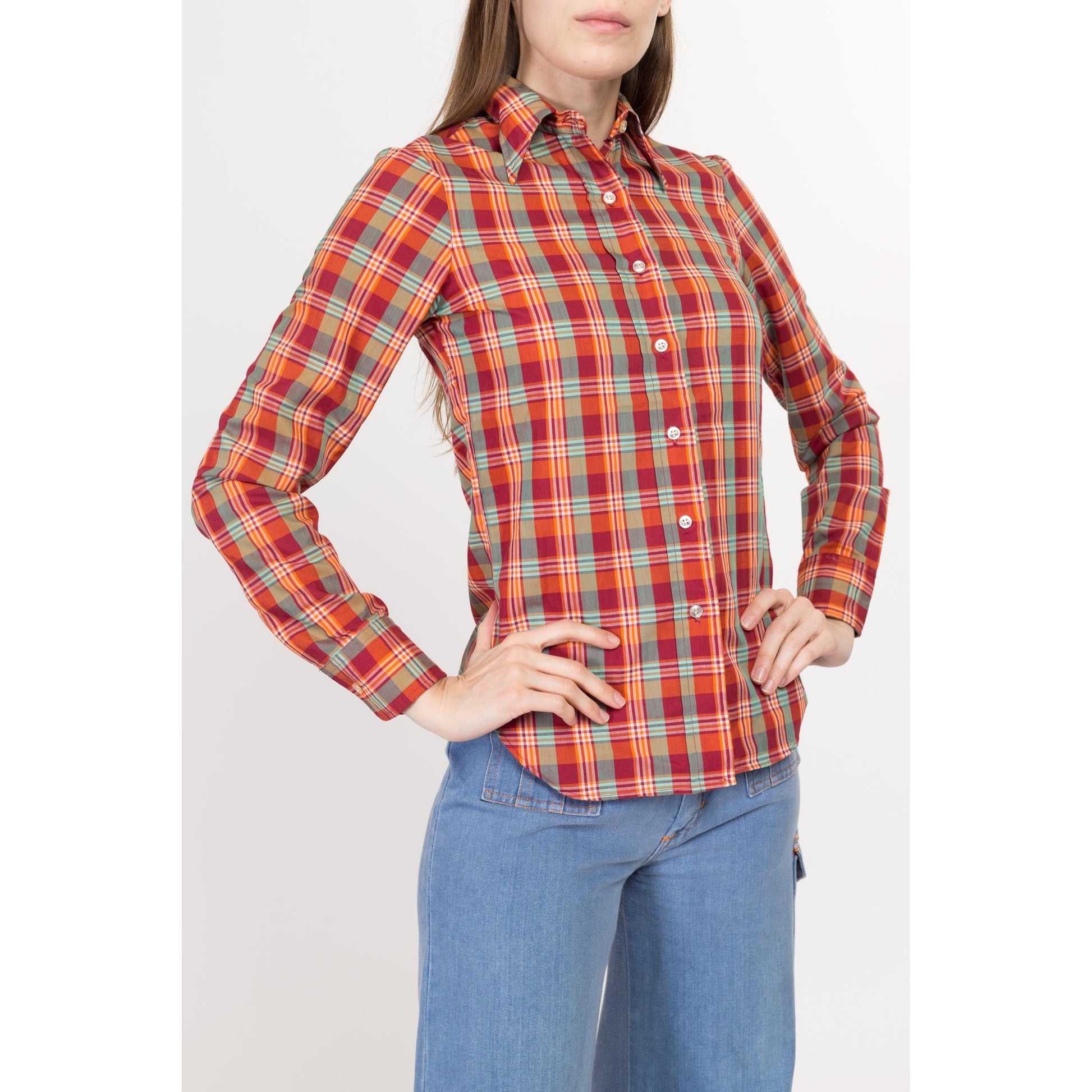 XXS-XS 70s Red Plaid Collared Shirt Petite | Vintage Western Long Sleeve Collared Top