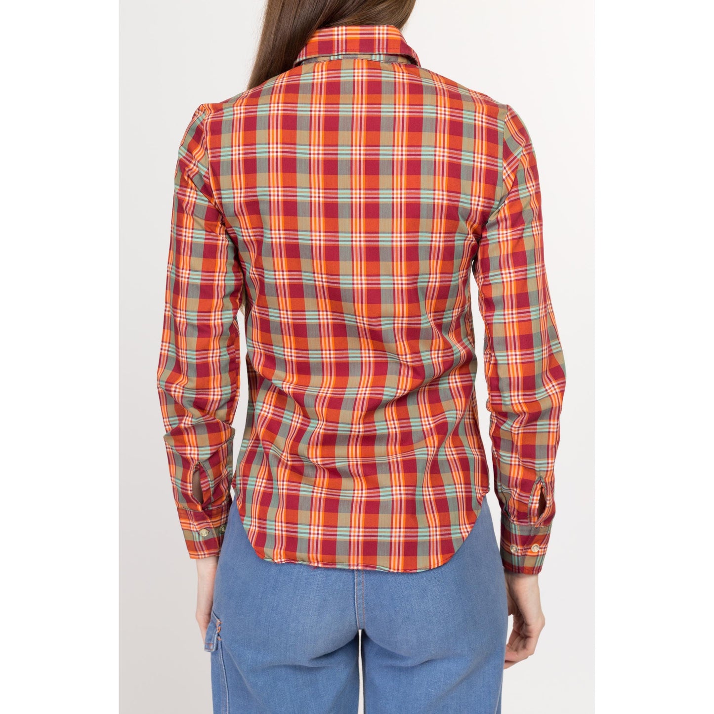 XXS-XS 70s Red Plaid Collared Shirt Petite | Vintage Western Long Sleeve Collared Top