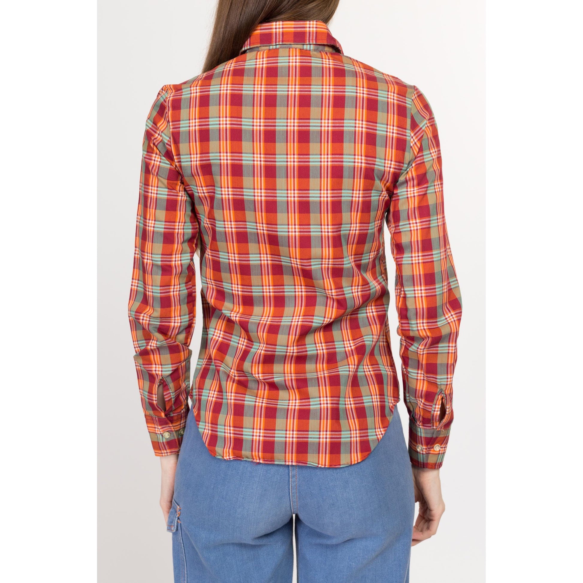 XXS-XS 70s Red Plaid Collared Shirt Petite | Vintage Western Long Sleeve Collared Top