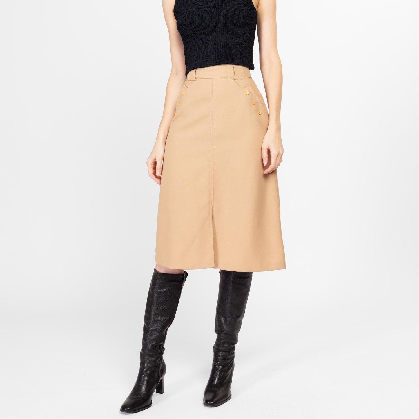 Small 70s Tan A Line Midi Skirt 25.5" | Vintage Minimalist Button Pocket High Waisted Skirt
