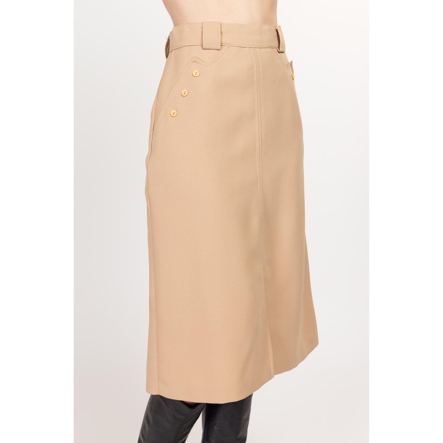Small 70s Tan A Line Midi Skirt 25.5" | Vintage Minimalist Button Pocket High Waisted Skirt