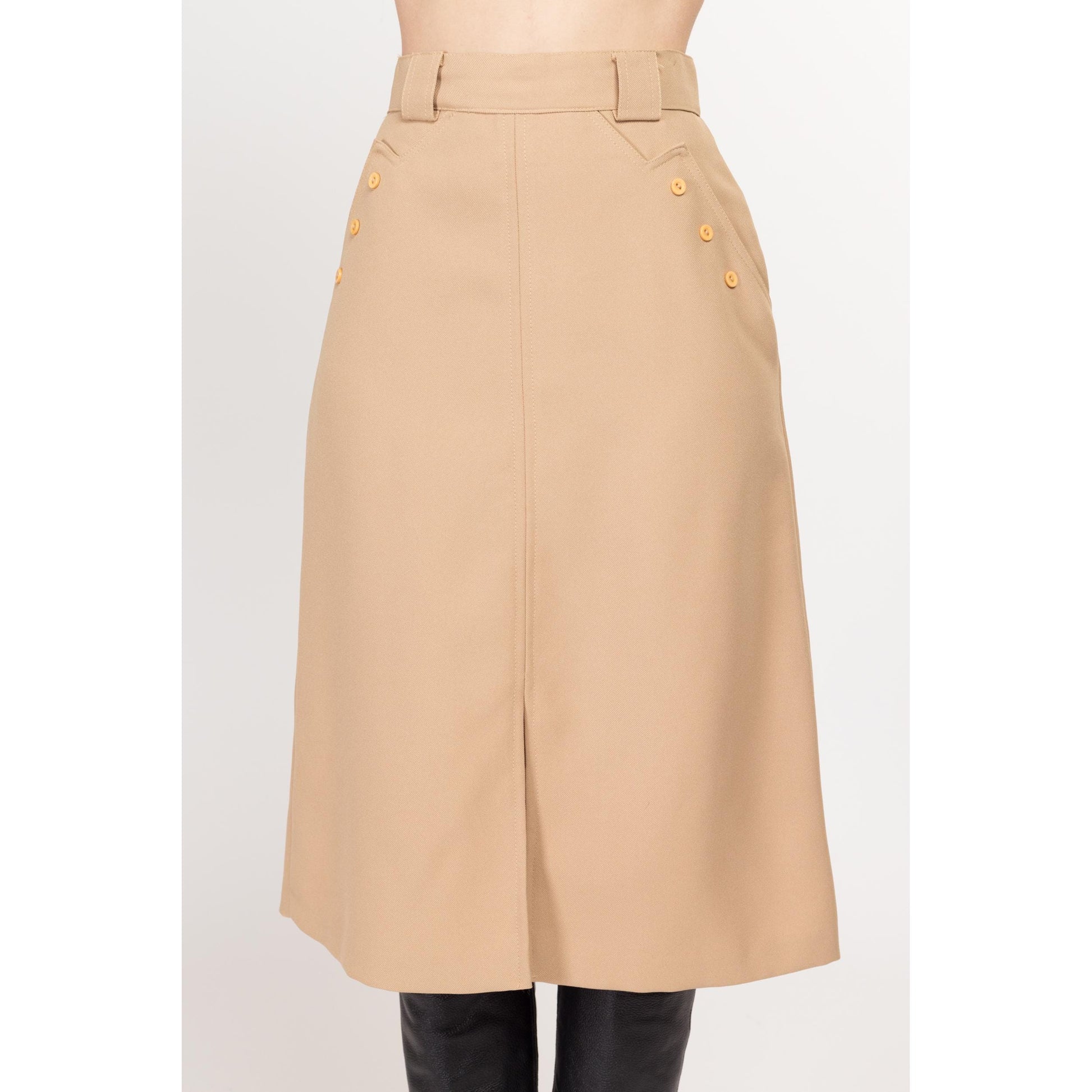 Small 70s Tan A Line Midi Skirt 25.5" | Vintage Minimalist Button Pocket High Waisted Skirt