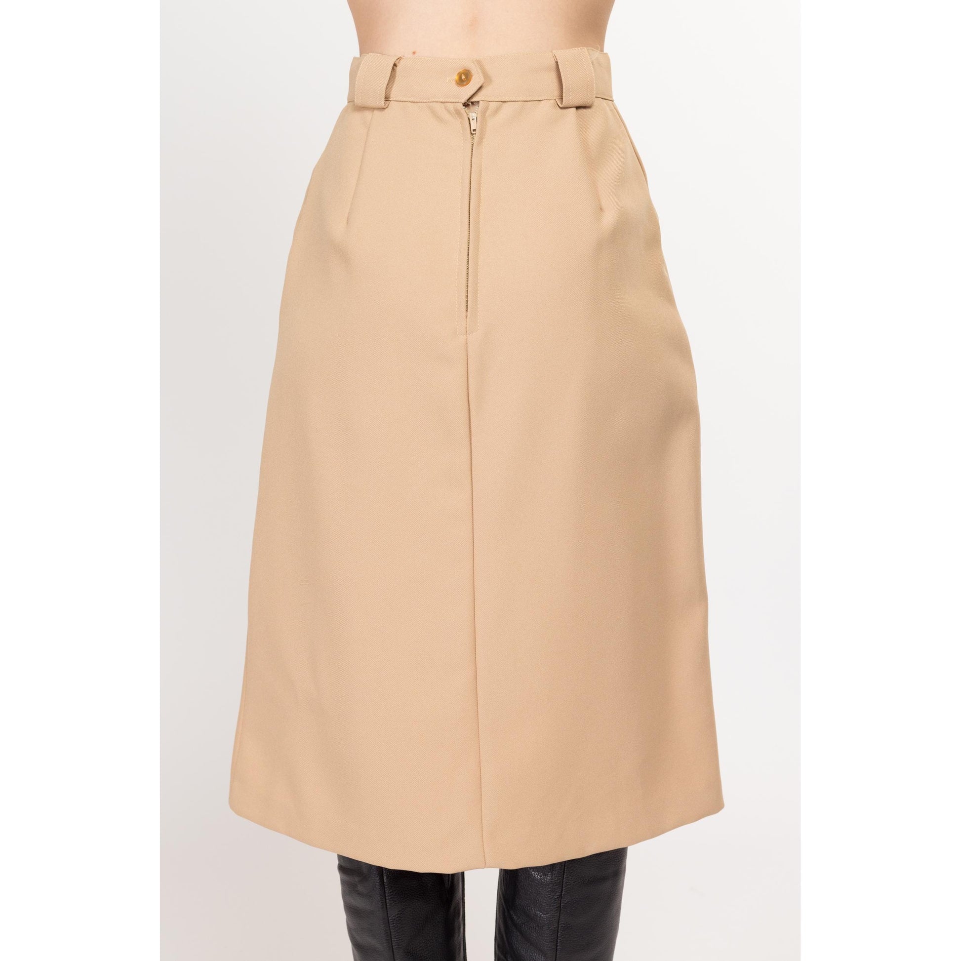 Small 70s Tan A Line Midi Skirt 25.5" | Vintage Minimalist Button Pocket High Waisted Skirt