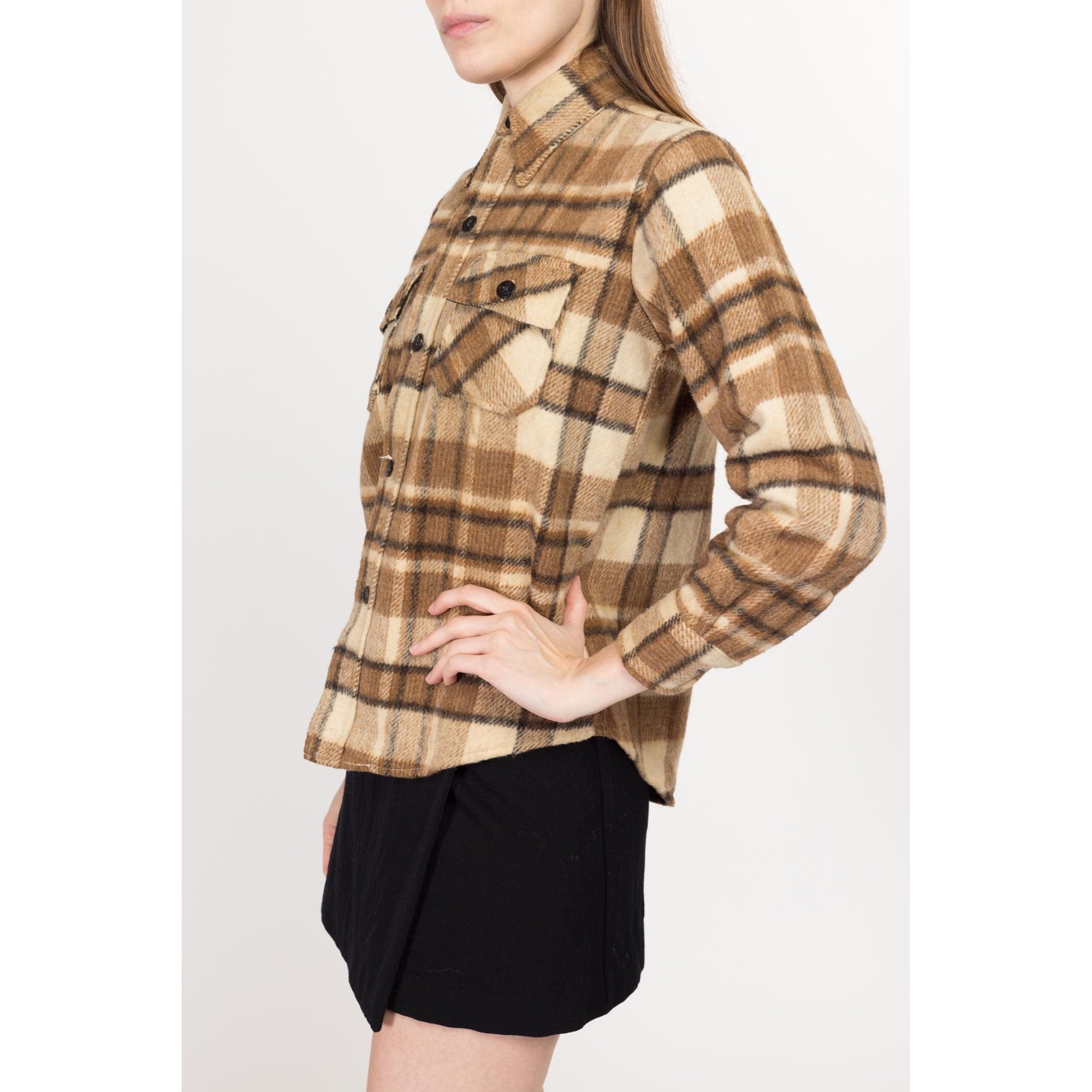Petite XS 70s CPO Brown Plaid Wool Blend Overshirt | Vintage Button Up Shacket Lumberjack Shirt