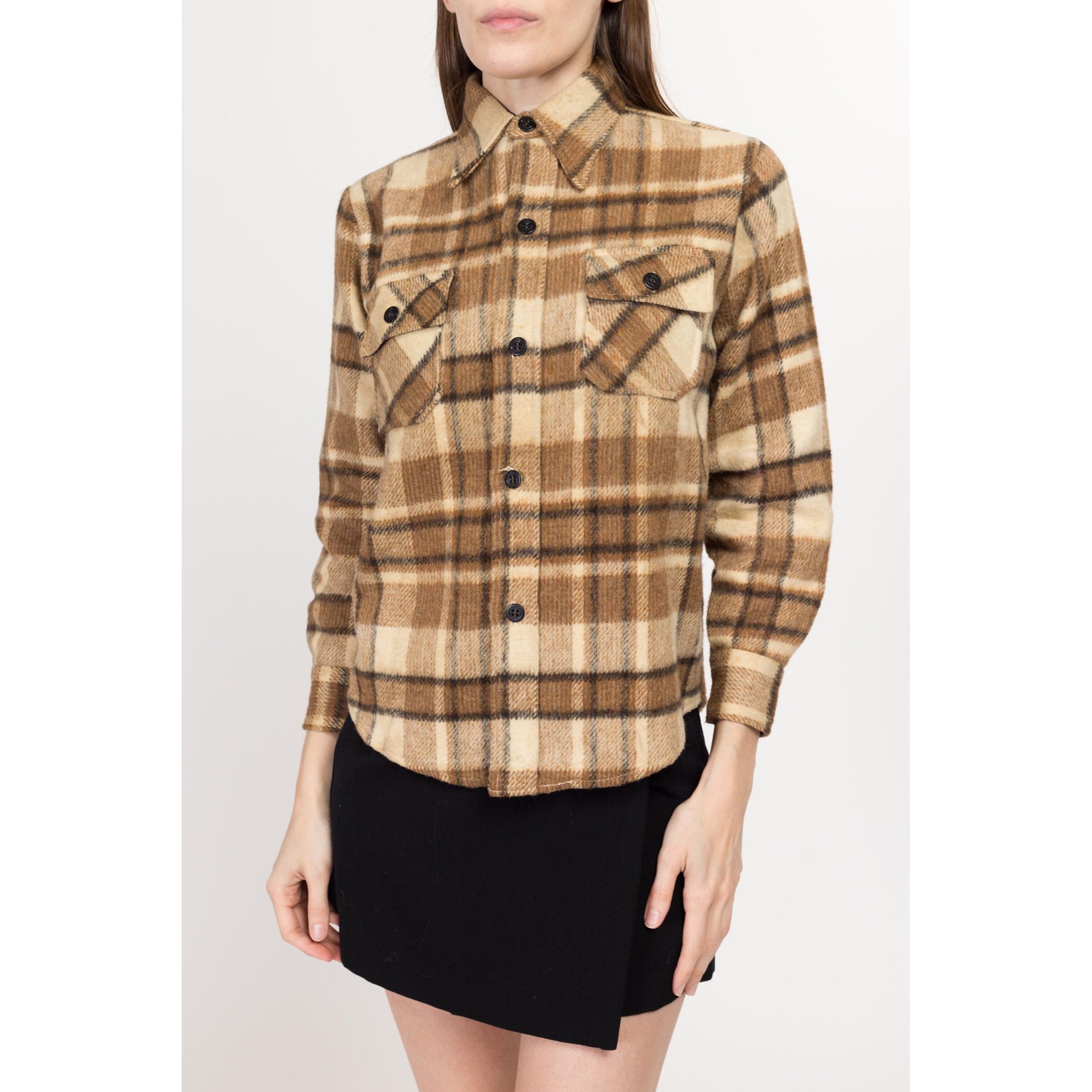 Petite XS 70s CPO Brown Plaid Wool Blend Overshirt | Vintage Button Up Shacket Lumberjack Shirt
