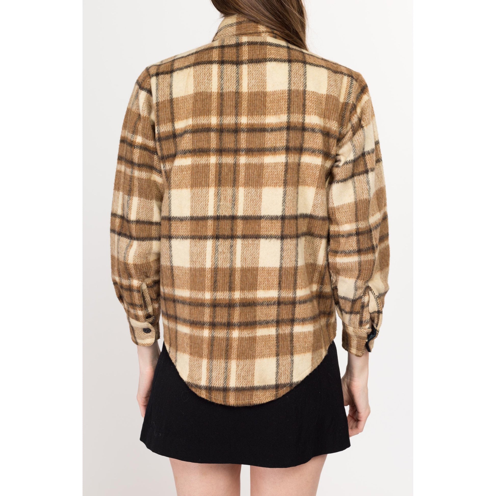 Petite XS 70s CPO Brown Plaid Wool Blend Overshirt | Vintage Button Up Shacket Lumberjack Shirt