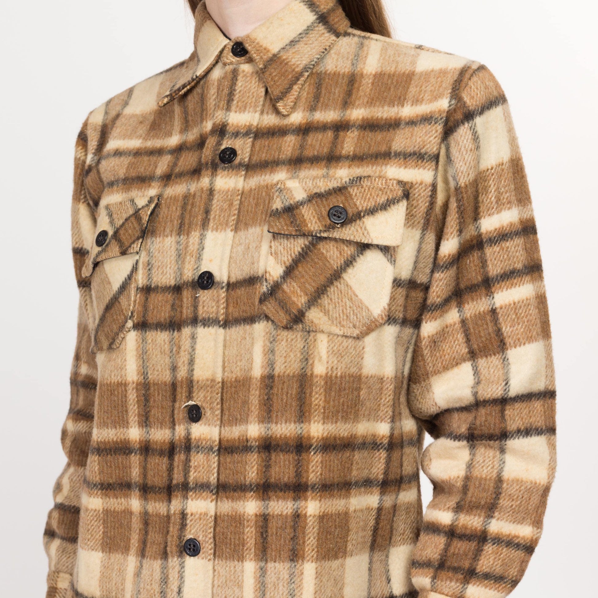 Petite XS 70s CPO Brown Plaid Wool Blend Overshirt | Vintage Button Up Shacket Lumberjack Shirt