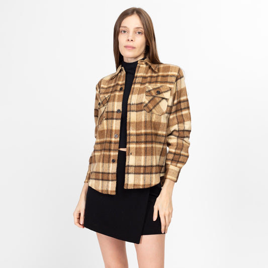 Petite XS 70s CPO Brown Plaid Wool Blend Overshirt | Vintage Button Up Shacket Lumberjack Shirt